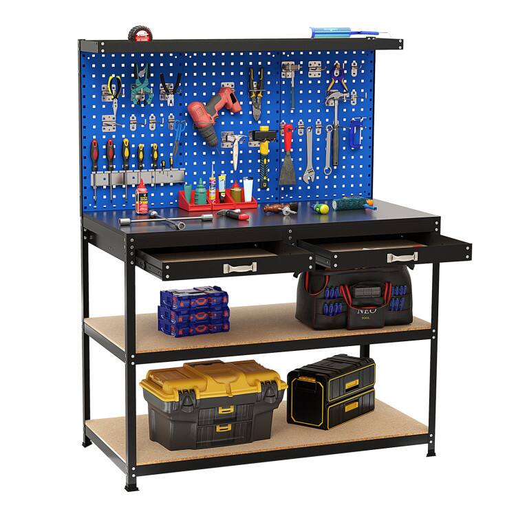 Back. SlickBlue - 48 x 24 Inch Garage Workbench with Triple Pegboard, Storage Drawer, and Shelves - Navy.
