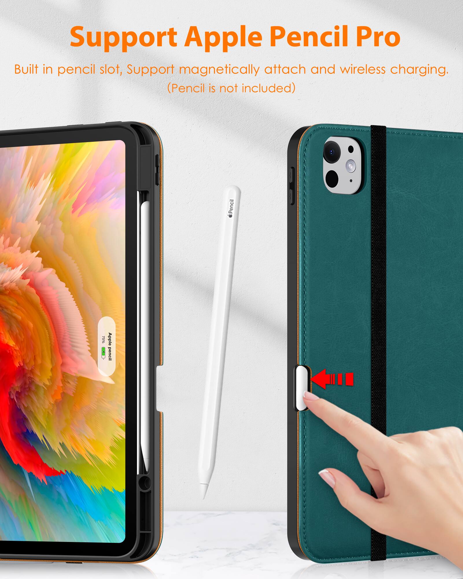 Support Apple Pencil Pro

Built in pencil slot, Support magnetically attach and wireless charging. (Pencil is not included)