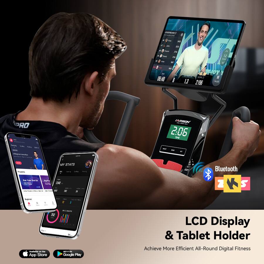 LEADERBOARD  
Fp 202 at - Ee 2 ol 25 - ST A 12 Soeef  
06:48 8 1.3 .M - 2196 Il H PRO HVUSON 2.06 TM - - e Fograms - T- Ta ute MY STATS dl ste Z32 UKT 2 Bluetooth 1 K S Bugoner + 3 252 Aveliable on - App Store - DHTS -T - ON Google Play LCD Display & Tablet Holder Achieve More Efficient All-Round Digital Fitness

LCD Display & Tablet Holder  
Achieve More Efficient All-Round Digital Fitness