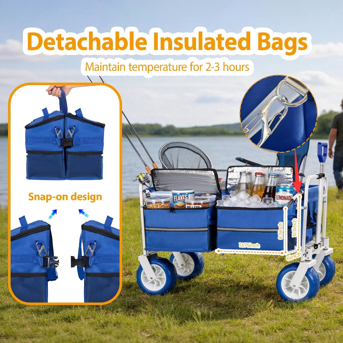 Detachable Insulated Bags  
Maintain temperature for 2-3 hours  
Snap-on design  
FLAXES DELLETS  
13.75inch  
LEMONADE 8.5inch 10.5inch 6inch