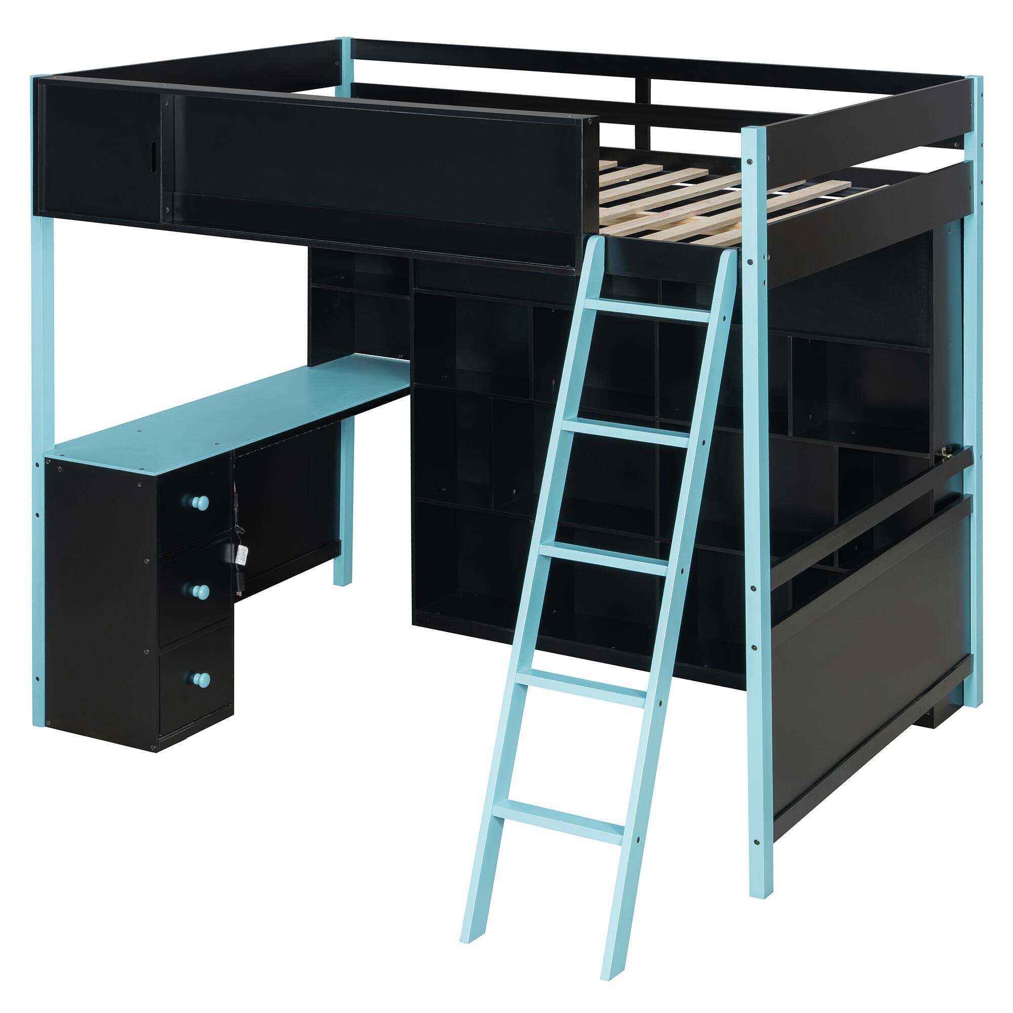 Back. Anysun - Full Size Wood Loft Bed with Desk, Ample Storage Space and Light - Blue.