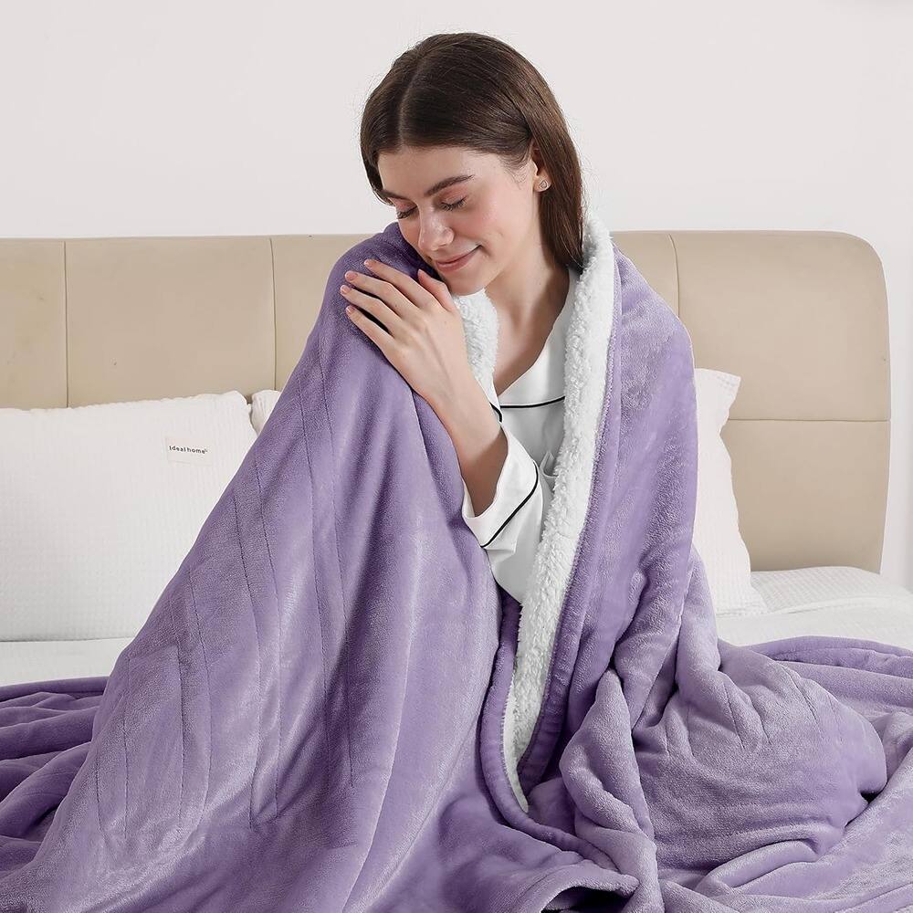 Front. MOSZAR LLC - Electric Heated Throw Blanket, 5 Heat Levels, Auto Off, Flannel Sherpa, Lavender 50x60 - Lavender Violet.