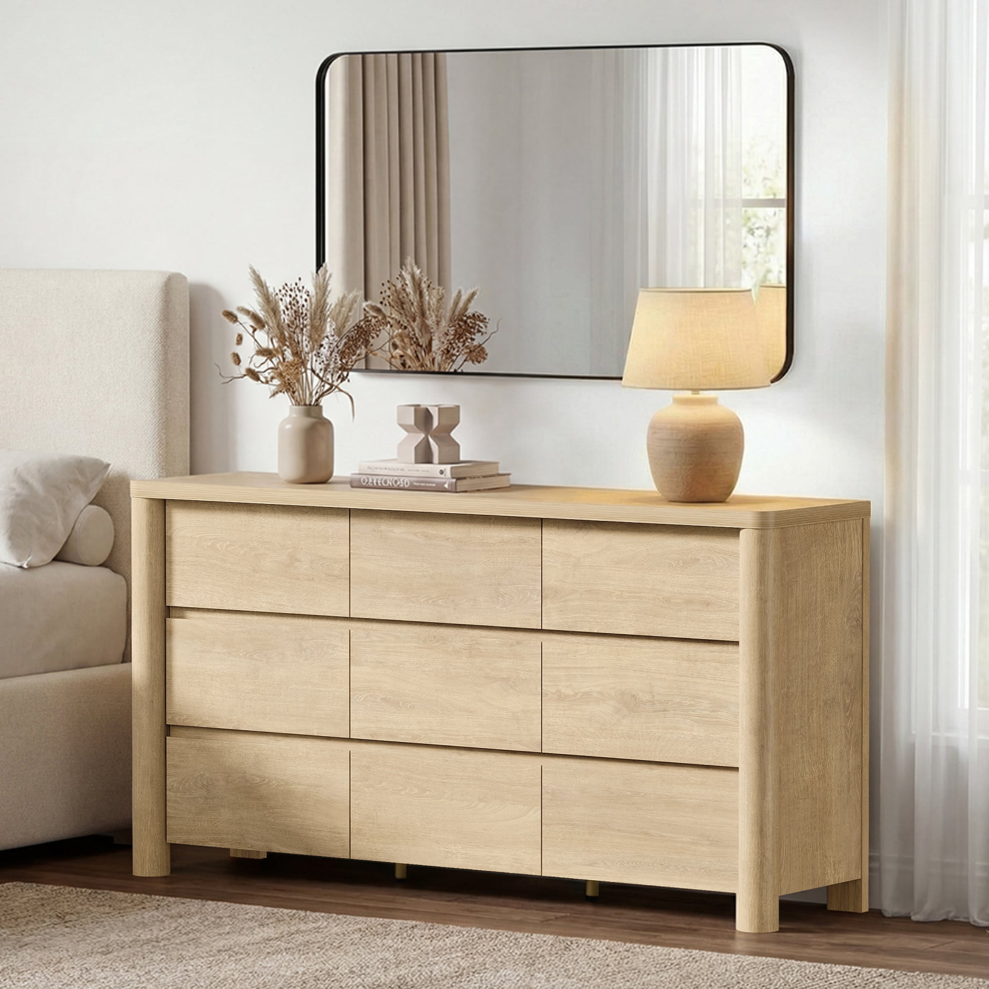 ModernMate - 9 Drawers Dresser Modern Natural Wood 63" W Dresser Chest for Bedroom Living Room - Natural Oak