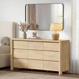 ModernMate - 9 Drawers Dresser Modern Natural Wood 63" W Dresser Chest for Bedroom Living Room - Natural Oak