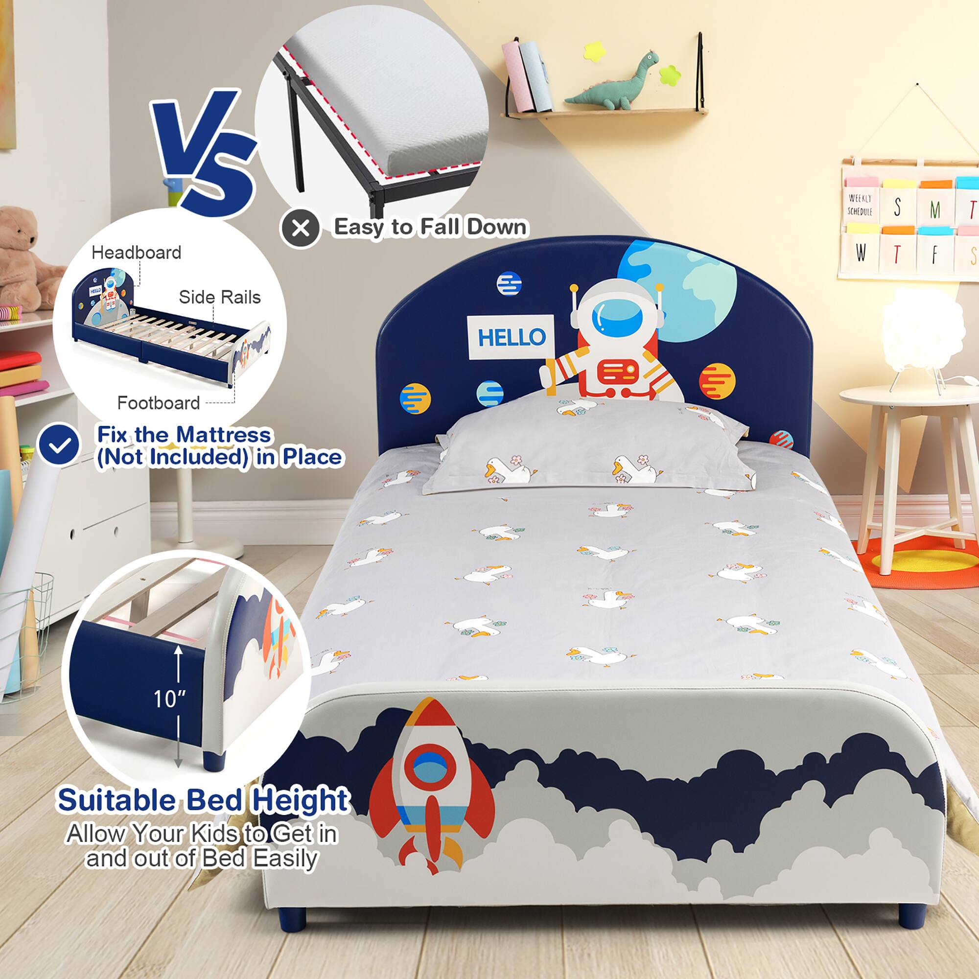 VS

Headboard Side Rails Easy to Fall Down

Footboard Fix the Mattress (Not Included) in Place

Suitable Bed Height 10" Allow Your Kids to Get in and out of Bed Easily
