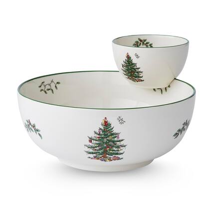 Front. Spode - Spode Christmas Tree 2-Piece Tiered Chip and Dip Set - Multicolored.