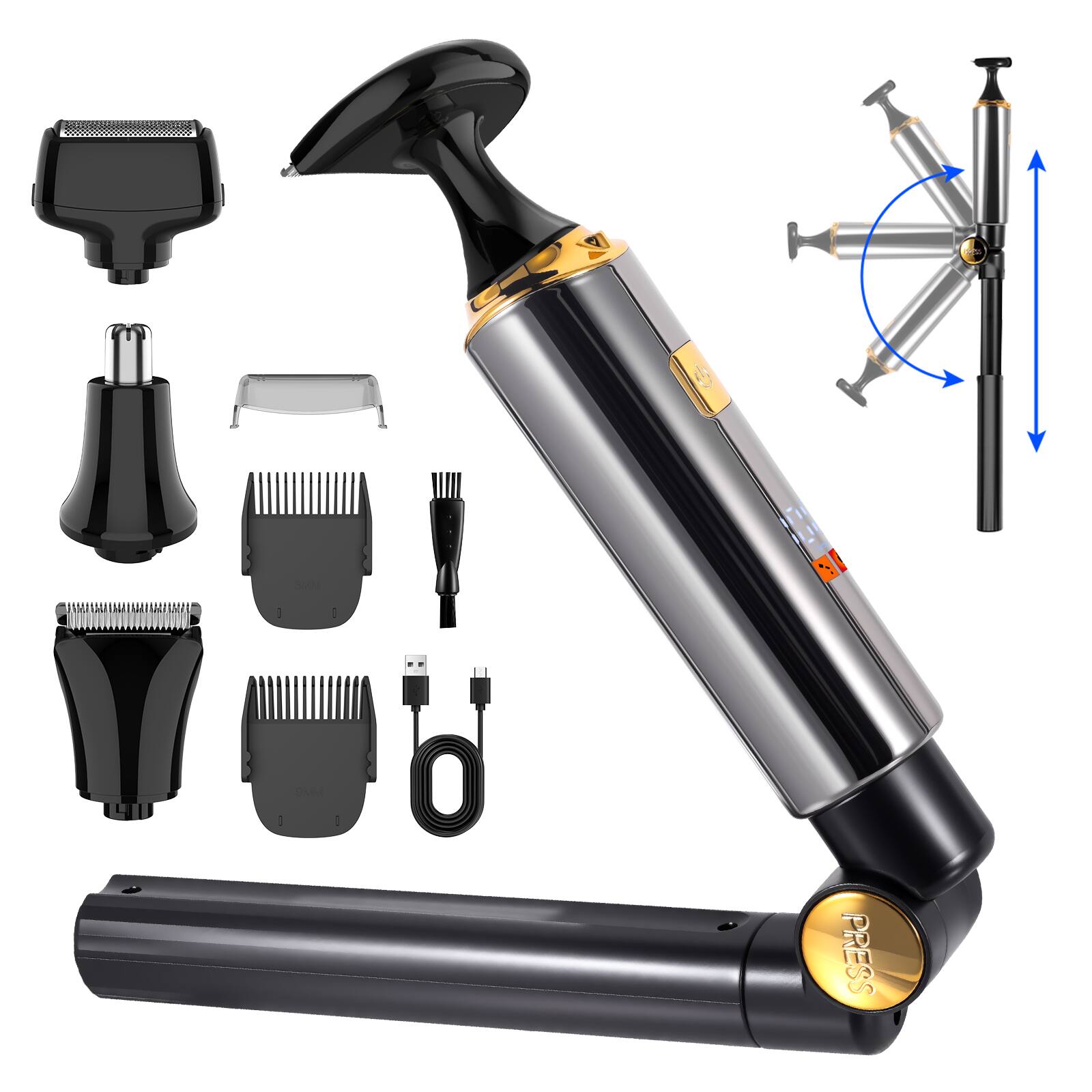 Front. HATTEKER - 4-in-1 Body Groomer, Back Shaver & Hair Trimmer for Men, 180° Extendable Handle, IPX6, USB-C - Silver.