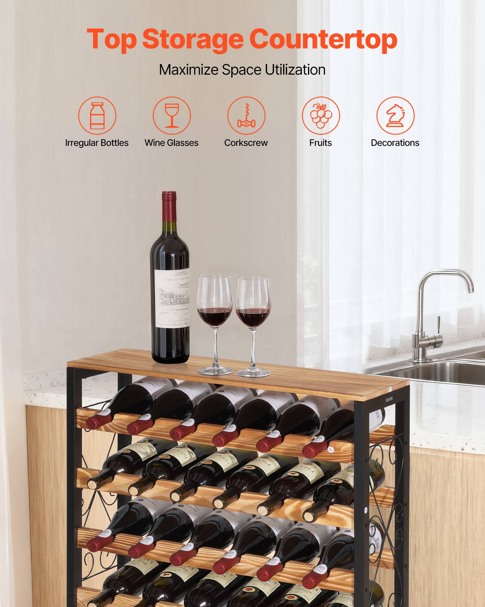 Top Storage Countertop  
Maximize Space Utilization  
Irregular Bottles  
Wine Glasses  
Corkscrew  
Fruits  
Decorations