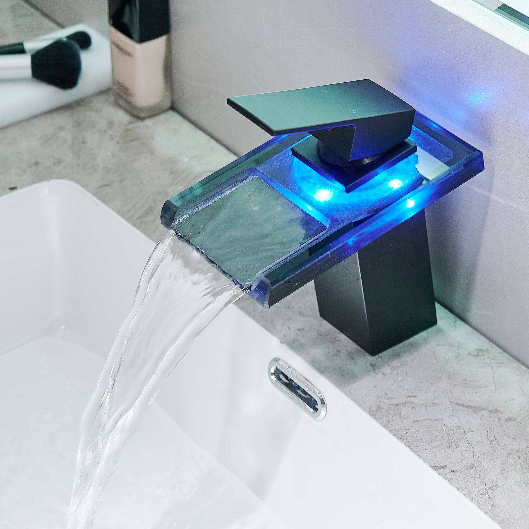 Left. Boyel Living - Brass Single Handle Single Hole Bathroom Faucet Matte Black with LED Temperature Sensor and Supply Hoses Easy Install - Matte Black.