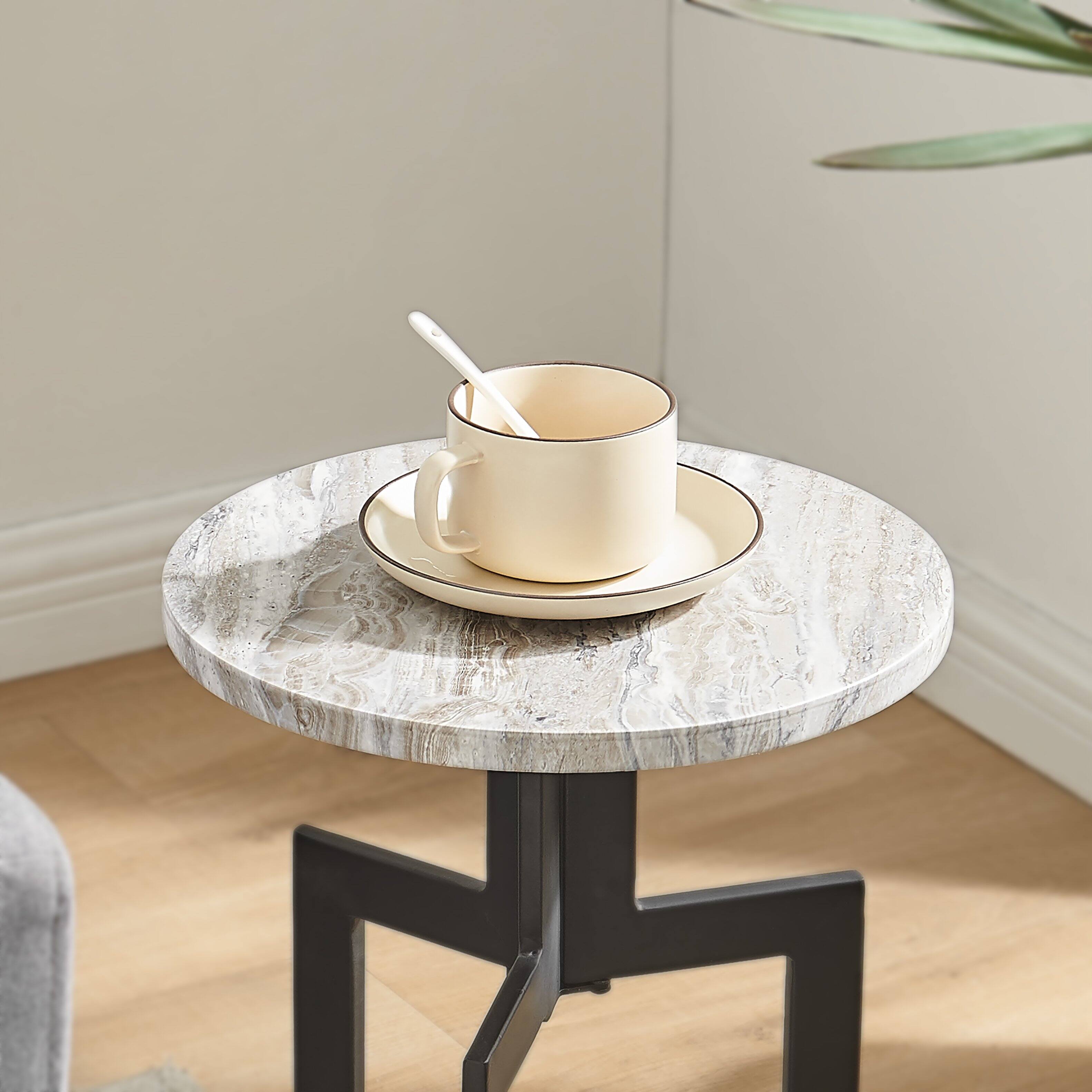 Alt View 2. Danya B - Black Metal Sculptural Pedestal & Faux Stone Tabletop Accent End Table - Black, White Marble.