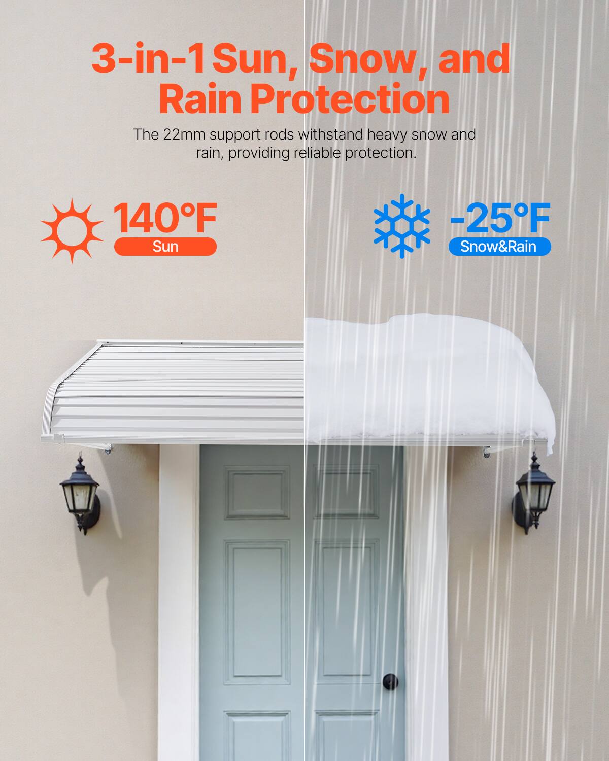 3-in-1 Sun, Snow, and Rain Protection

The 22mm support rods withstand heavy snow and rain, providing reliable protection.

140°F Sun

-25°F Snow & Rain