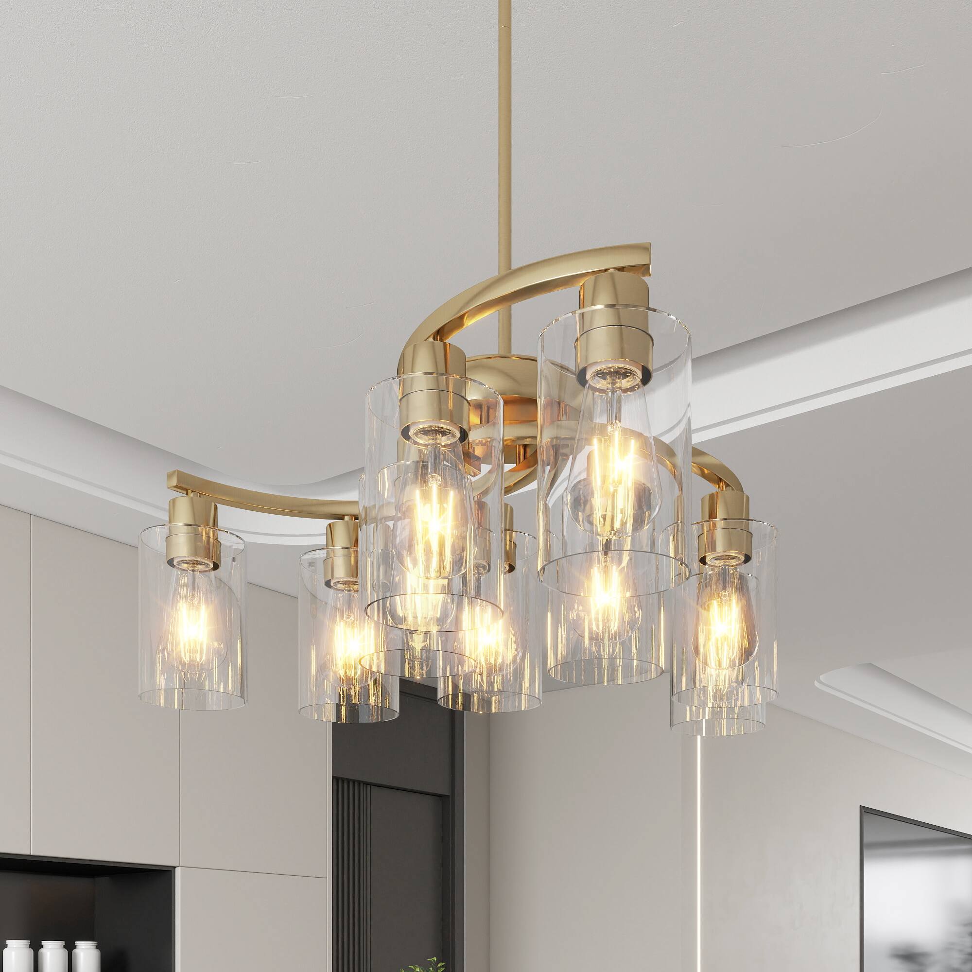 Alt View 1. APRILSOUL - 9-Light Gold Glass Chandelier Adjustable Height Dining Room Light Fixtures Over Table Contemporary Hanging Chandelier.