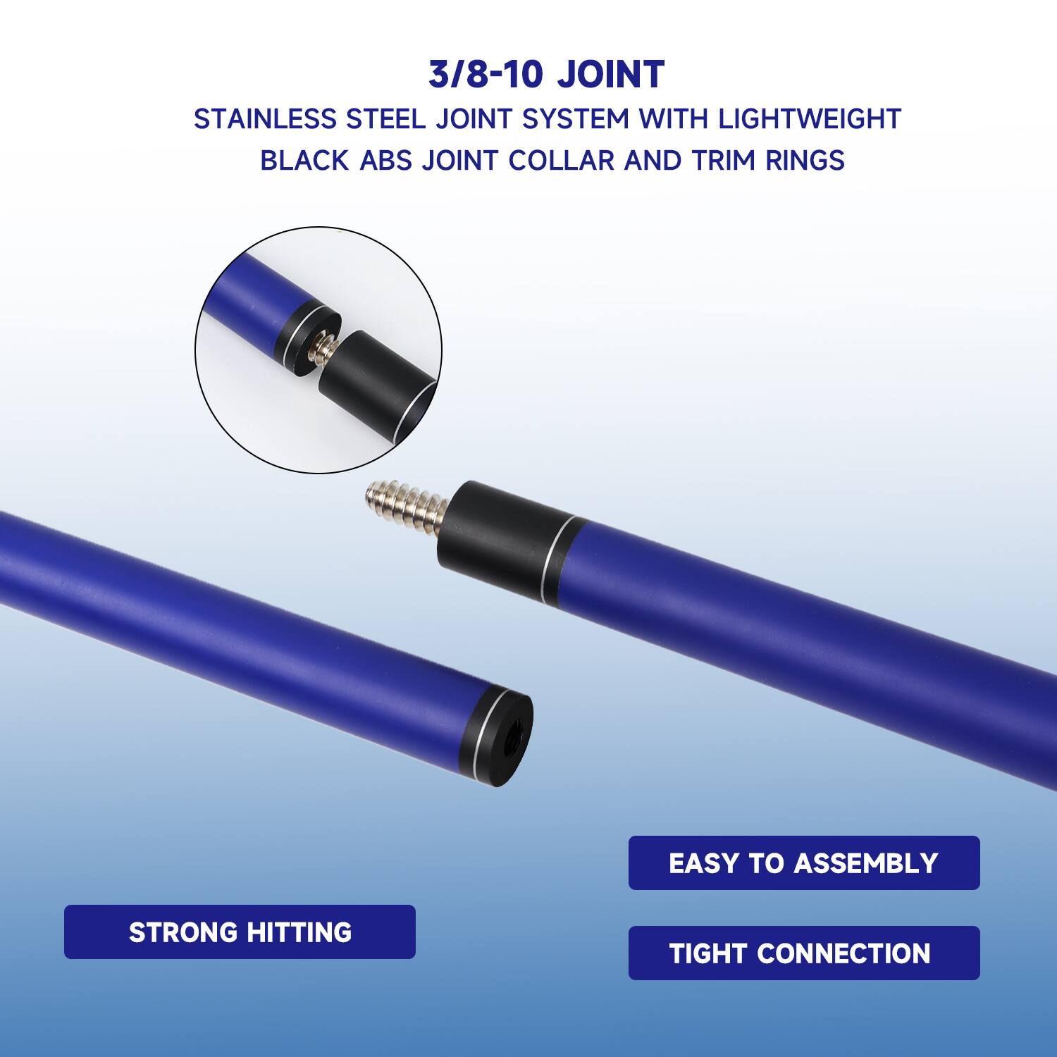3/8-10 JOINT, STAINLESS STEEL JOINT SYSTEM WITH LIGHTWEIGHT BLACK ABS JOINT COLLAR AND TRIM RINGS, EASY TO ASSEMBLY, STRONG HITTING, TIGHT CONNECTION