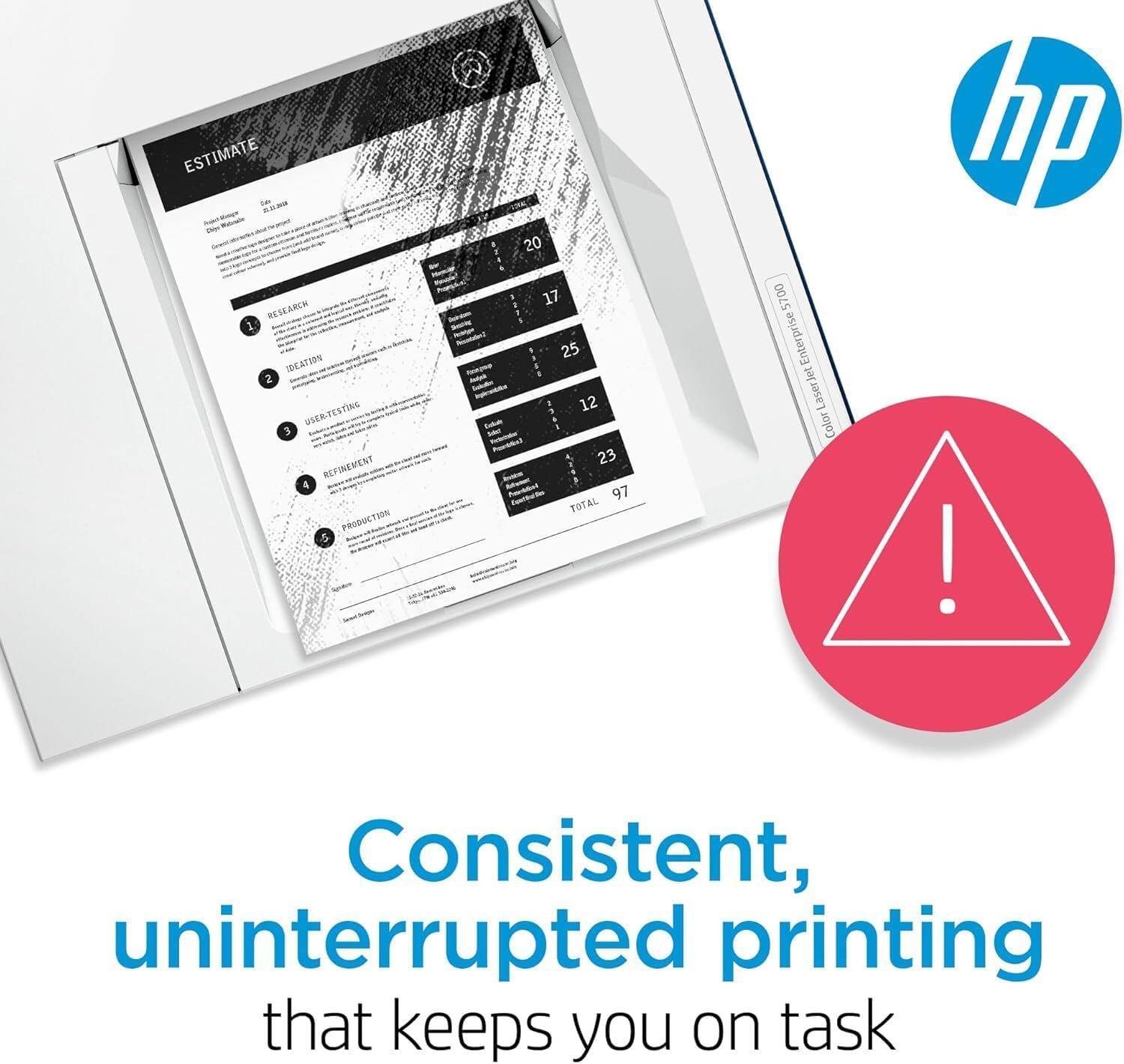 ESTIMATE  
1. RESEARCH  
2. IDEATION  
3. USER TESTING  
4. REFINEMENT  
5. PRODUCTION  

20 17 25 12 23 97  
TOTAL 5700  

Enterprise LaserJet Color hp  
Consistent, uninterrupted printing that keeps you on task