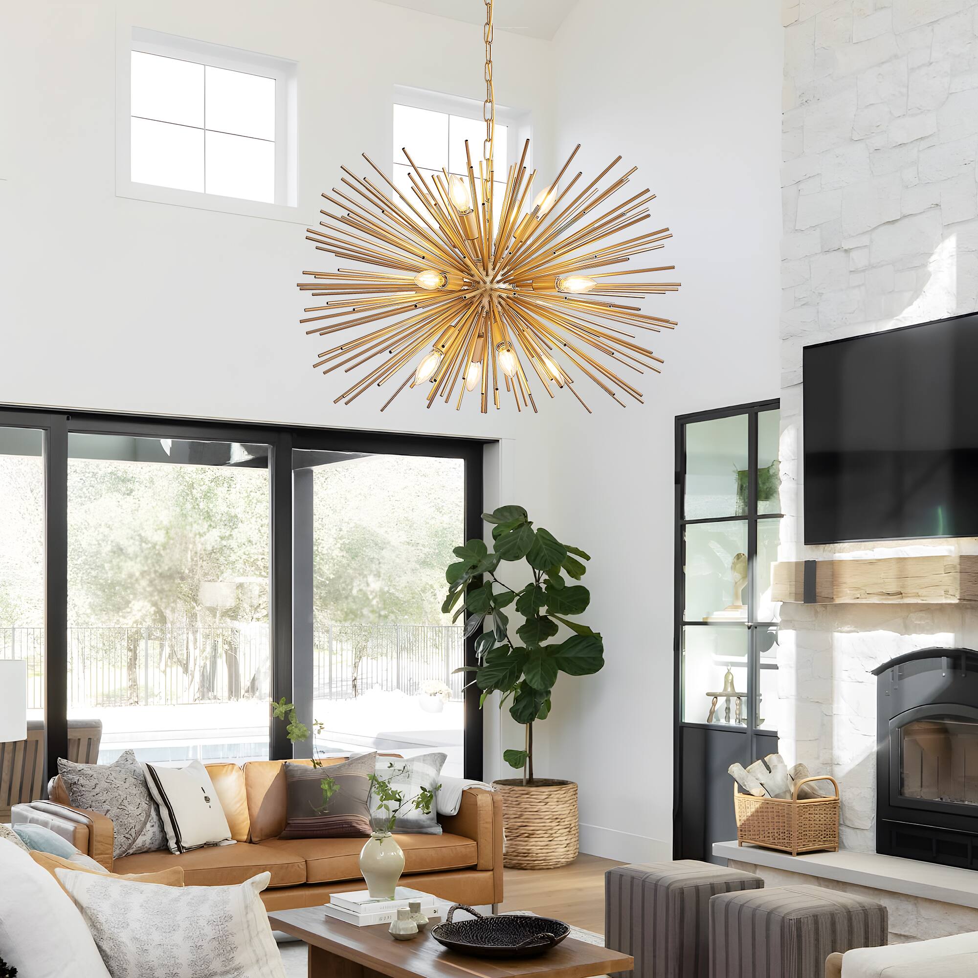 Left. APRILSOUL - 29 Inch Mid-Century Modern 12-Light Starburst Chandelier Gold Sputnik Pendant Light Fixture Bulb Not Included.