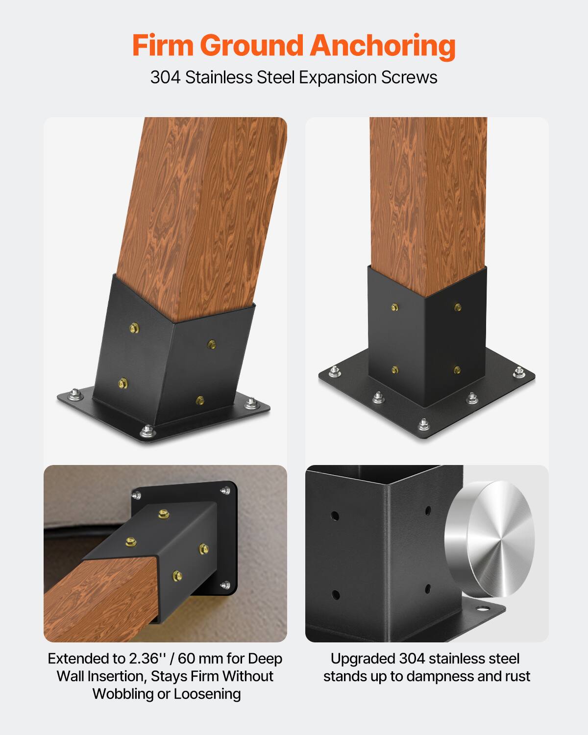 Firm Ground Anchoring  
304 Stainless Steel Expansion Screws  

Extended to 2.36" / 60 mm for Deep Wall Insertion, Stays Firm Without Wobbling or Loosening  

Upgraded 304 stainless steel stands up to dampness and rust