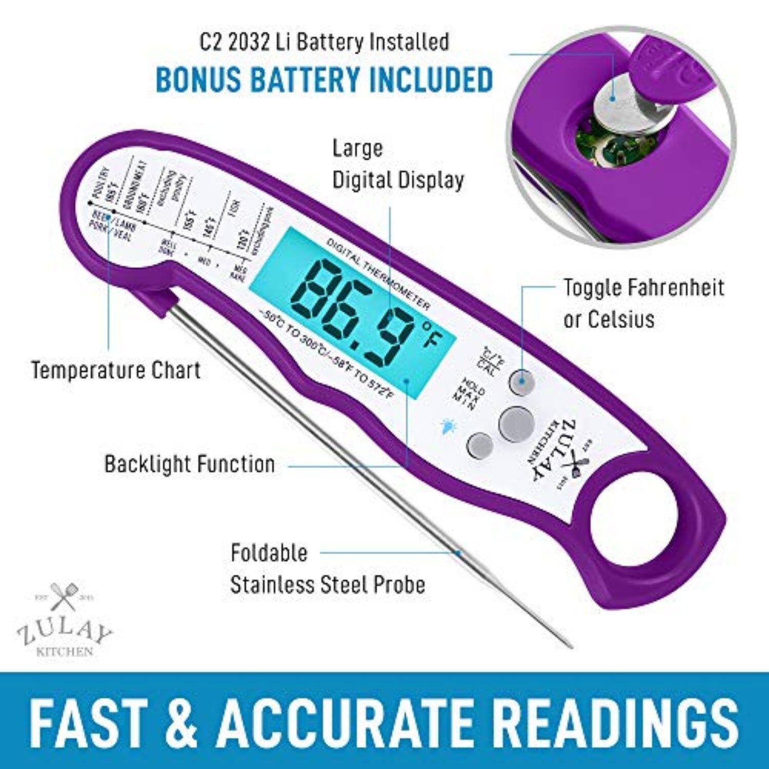 C2 2032 Li Battery Installed BONUS BATTERY INCLUDED, Large Digital Display, Toggle Fahrenheit or Celsius, Temperature Chart, Backlight Function, Foldable Stainless Steel Probe, FAST & ACCURATE READINGS