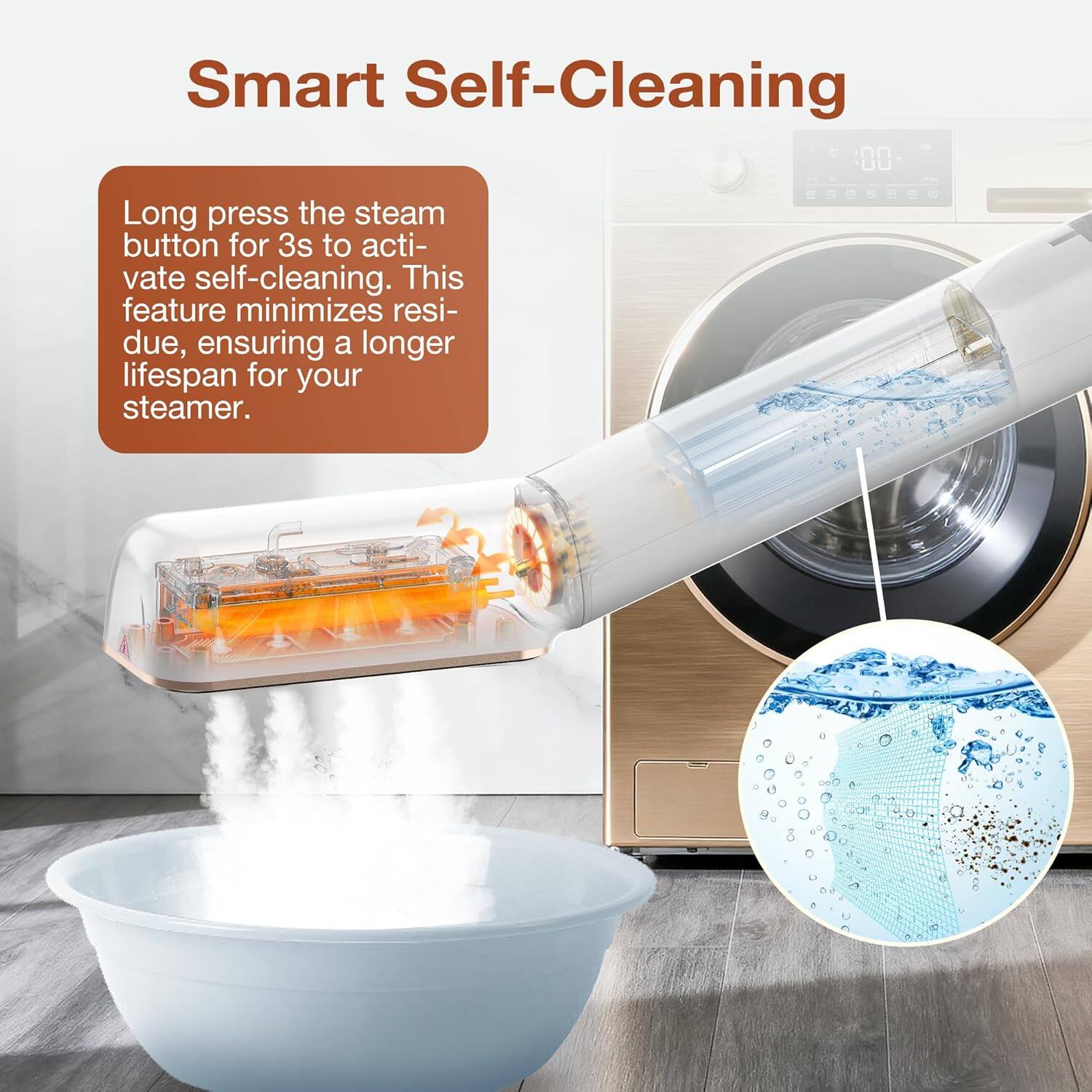 Smart Self-Cleaning

Long press the steam button for 3s to activate self-cleaning. This feature minimizes residue, ensuring a longer lifespan for your steamer.
