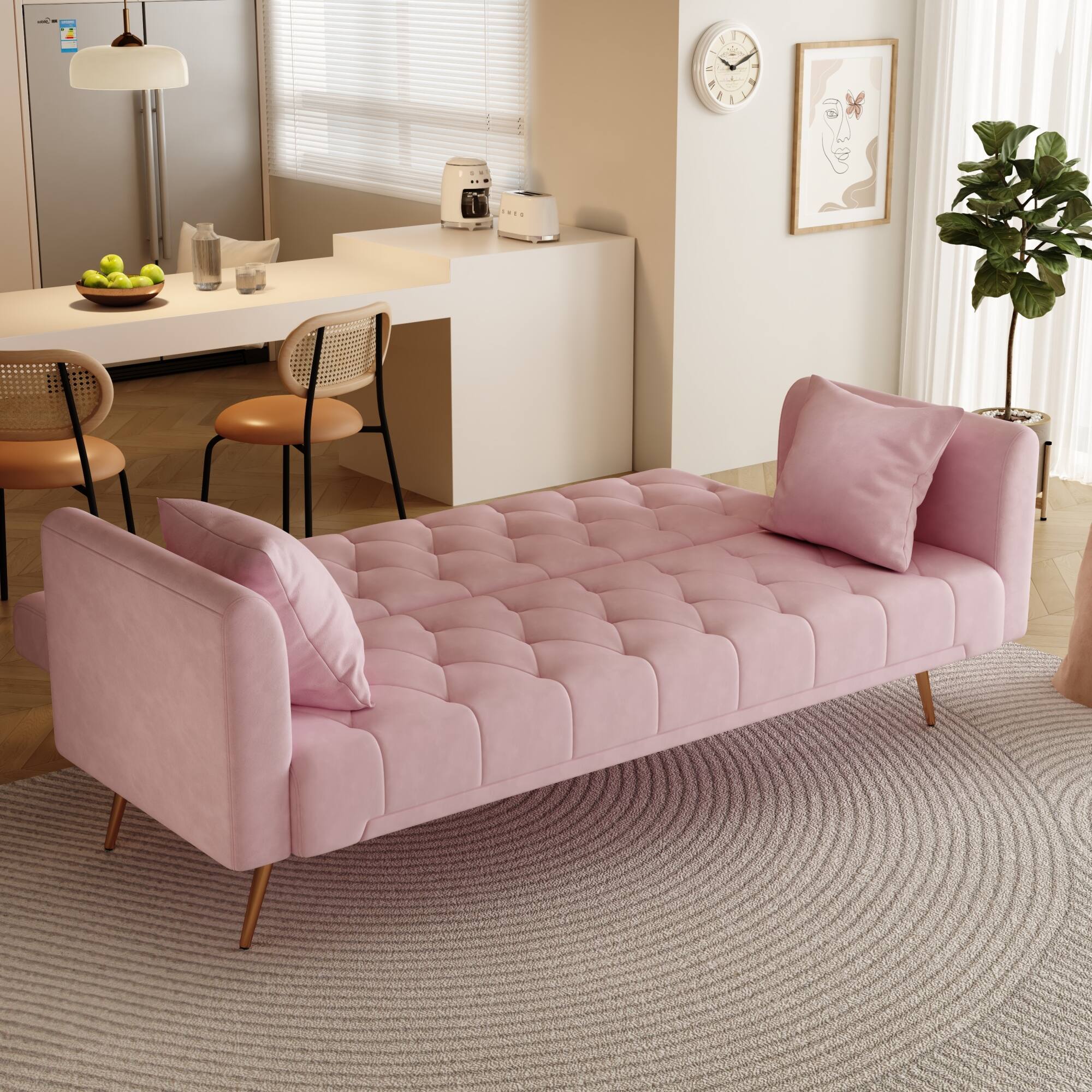Left. GOODSILO - Convertible Velvet Sofa Bed with Adjustable Backrest for Small Spaces, Living Room and Office Use - Pink.