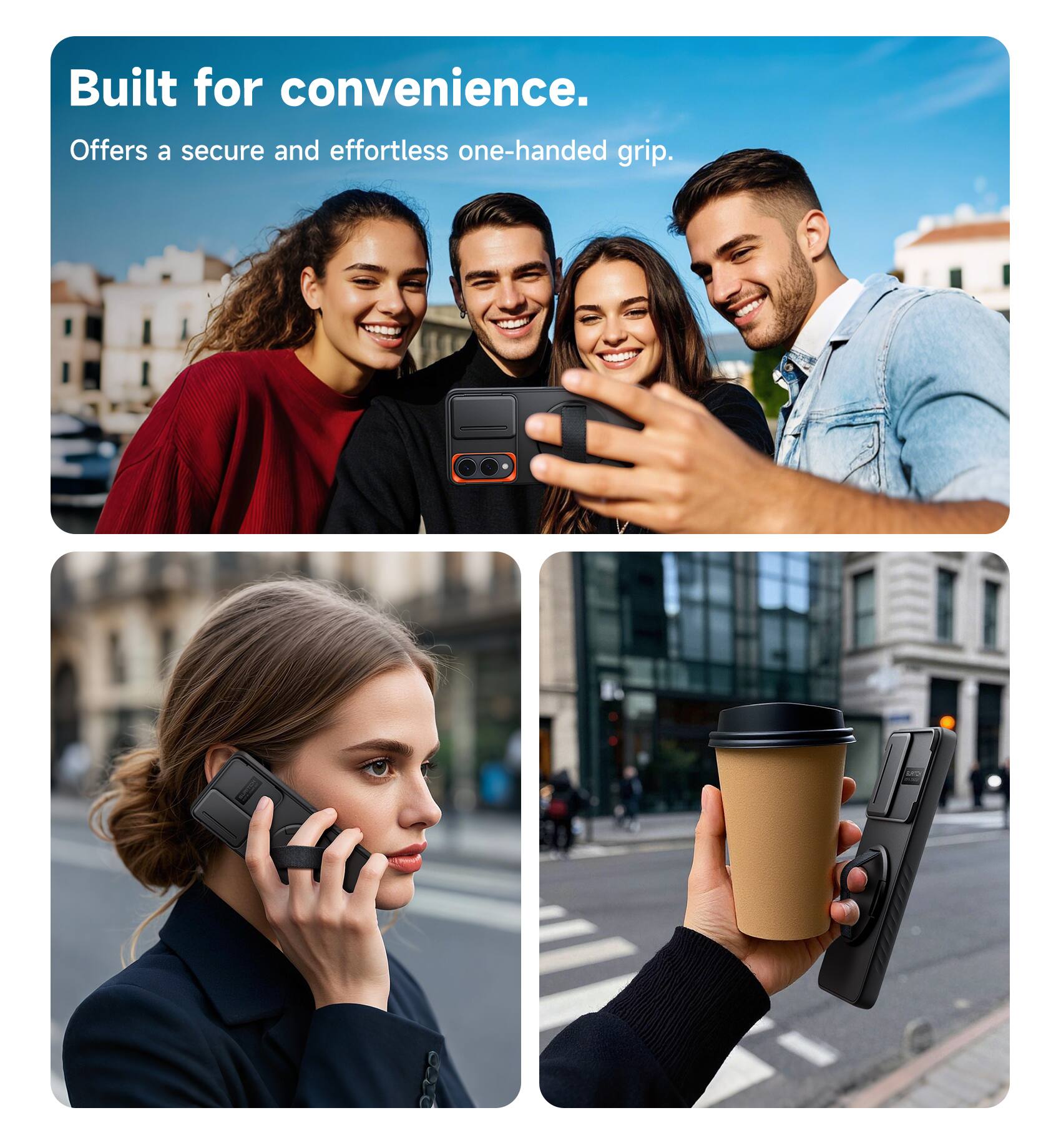 Built for convenience.  
Offers a secure and effortless one-handed grip.