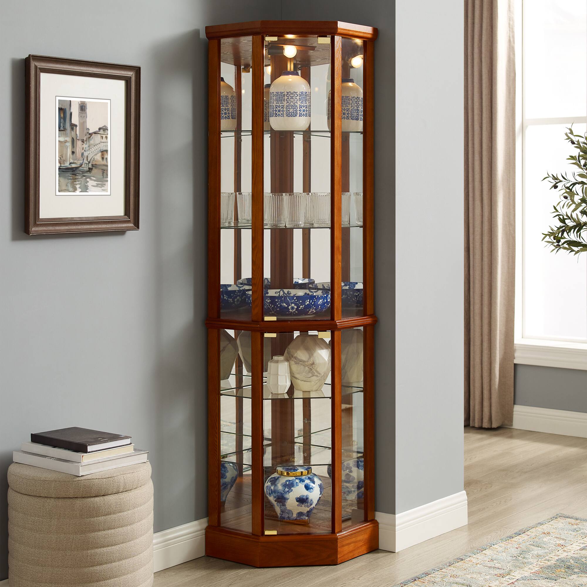 Back. APRILSOUL - Corner Curio Cabinet with Mirrored Panel Tempered Glass Shelves and Transitional Style - Oak.