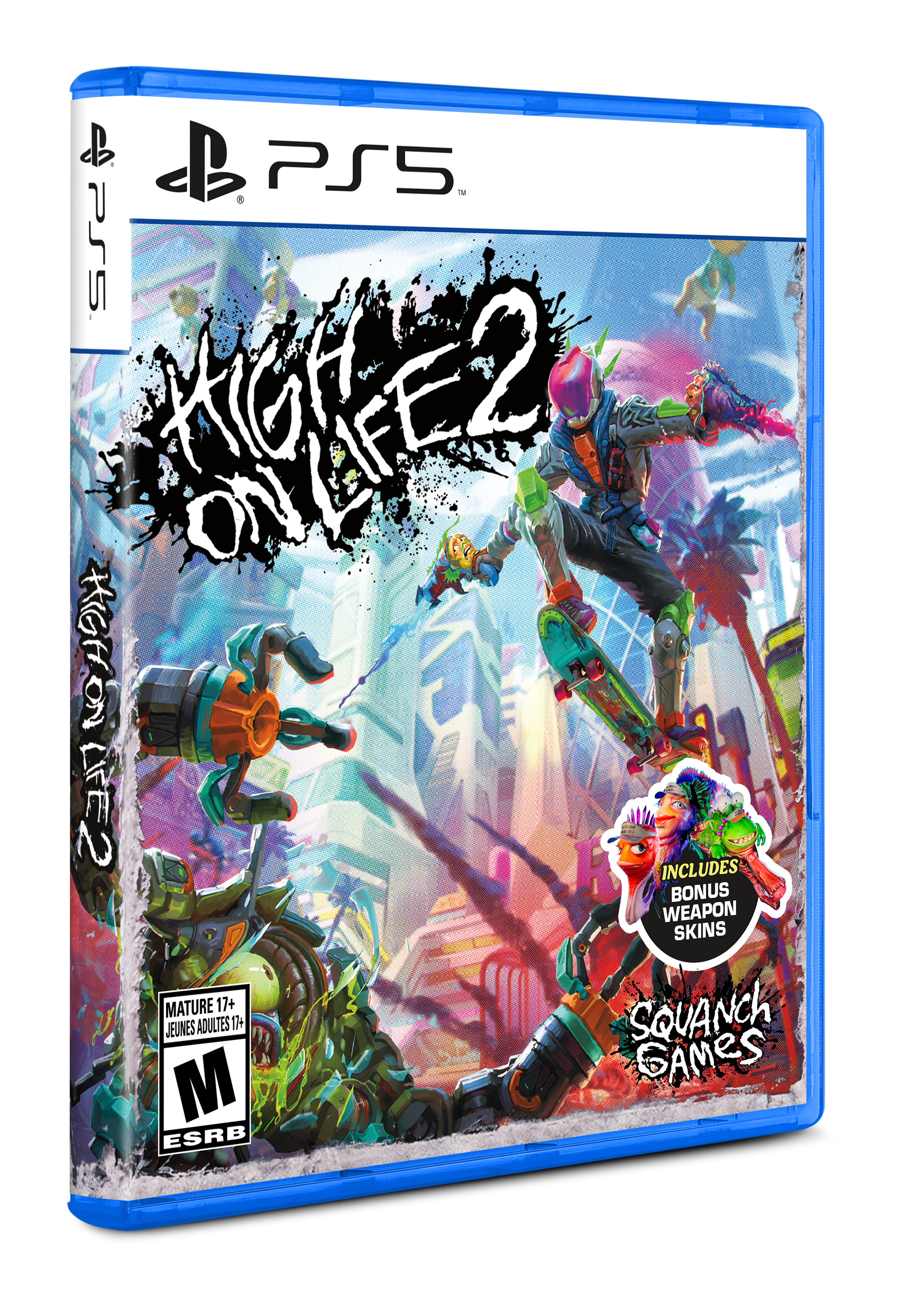 Sure, here is the corrected and grouped text from the image:

---

**PS5**

**HIGH ON LIFE 2**

**INCLUDES BONUS WEAPON SKINS**

**MATURE 17+**

**JEUNES ADULTES 17+**

**SQUANCH GAMES**

**ESRB**

---

**M**