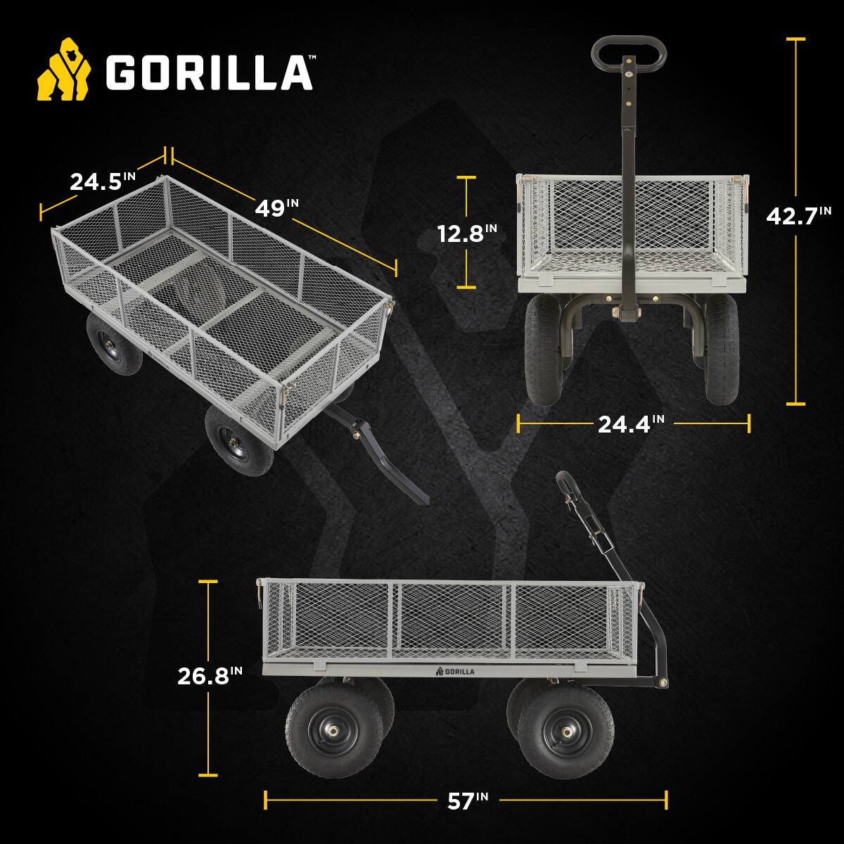 GORILLA  
24.5" x 49" x 12.8" x 42.7" x 24.4" x 26.8" x 57"