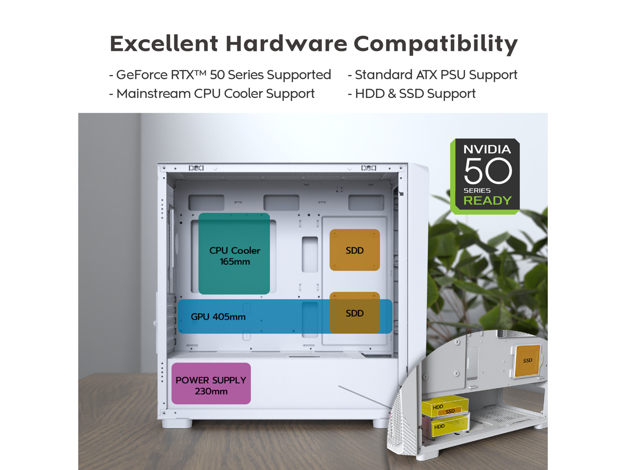 Excellent Hardware Compatibility

- GeForce RTX™ 50 Series Supported
- Mainstream CPU Cooler Support
- Standard ATX PSU Support
- HDD & SSD Support

NVIDIA 50 SERIES READY

CPU Cooler 165mm

GPU 405mm

POWER SUPPLY 230mm
