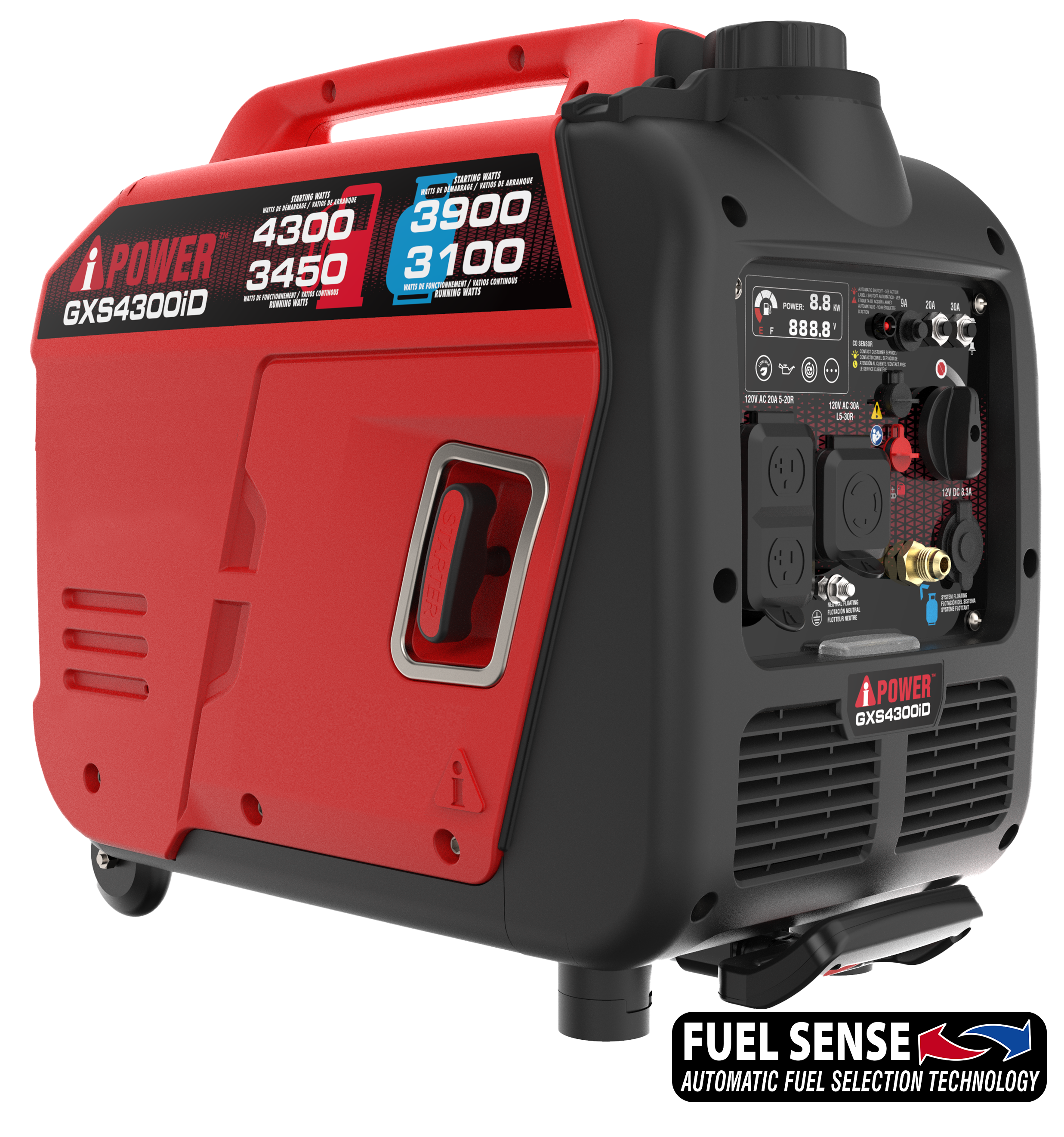 i POWER  
GX54300iD  

4300  
3450  
3900  
3100  

8.8 kW  
8888  

FUEL SENSE  
AUTOMATIC FUEL SELECTION TECHNOLOGY