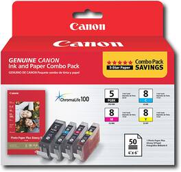 Canon - PGI-5, CLI-8 and PP-201 4-Pack Standard Capacity - Black/Yellow/Cyan/Magenta Ink Cartridges + Photo Paper - Black/Cyan/Magenta/Yellow