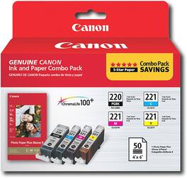Canon - PGI-220, CLI-221 and Photo Paper 4-Pack Standard Capacity - Black/Yellow/Cyan/Magenta Ink Cartridges + Photo Paper - Black/Cyan/Magenta/Yellow