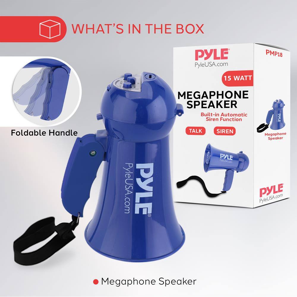 **WHAT'S IN THE BOX**

- Foldable Handle
- Megaphone Speaker

**PYLE**
PyleUSA.com

**15 WATT**

**MEGAPHONE SPEAKER**
Built-in Automatic Siren Function

**TALK** **SIREN**

**PYLE**
PyleUSA.com

**PYLE**
PyleUSA.com

**PYLE**
PyleUSA.com