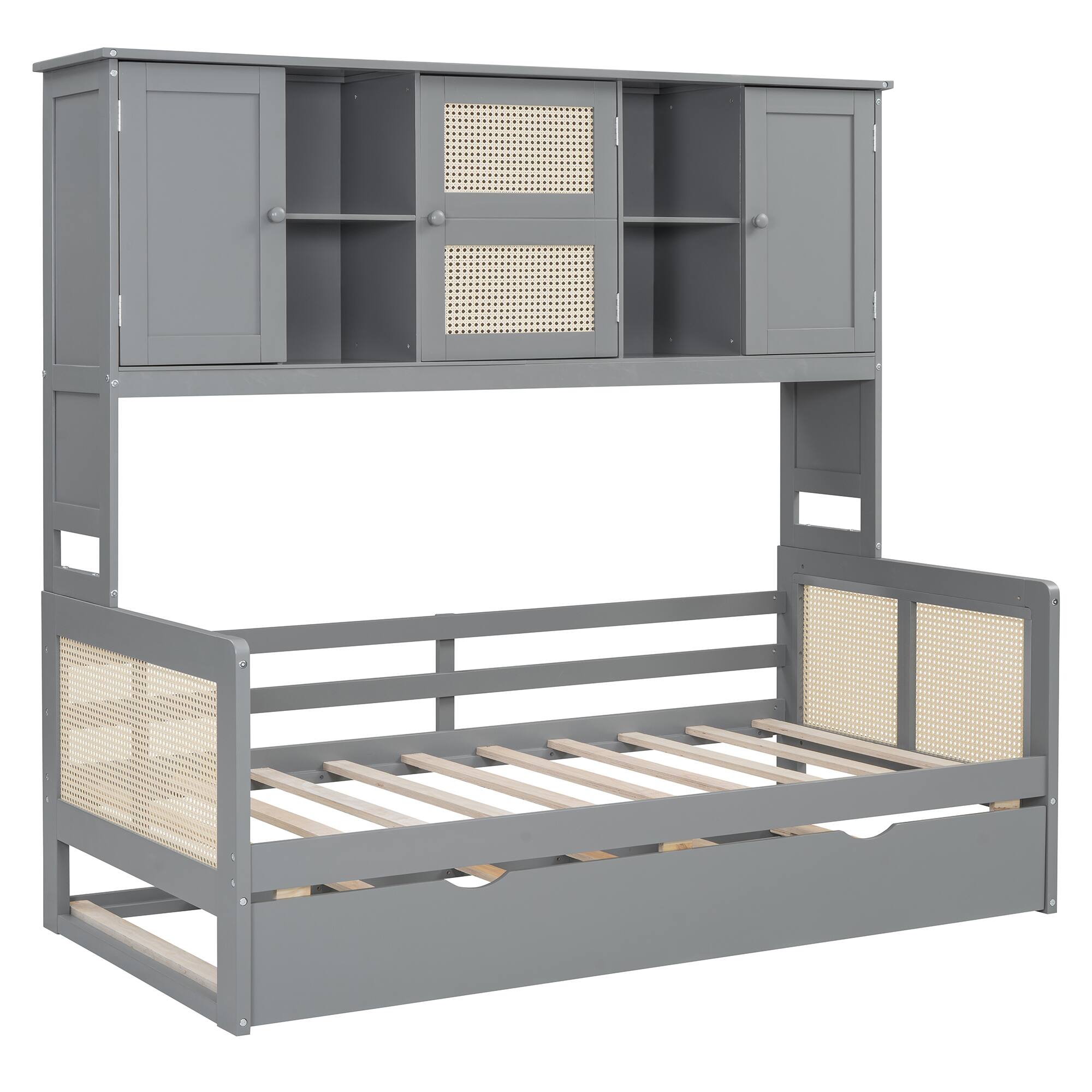 Alt View 6. Tiramisubest - Twin Size Wooden Daybed With Twin Size Trundle, and All-in-One Cabinet and Shelf, Gray - Gray.