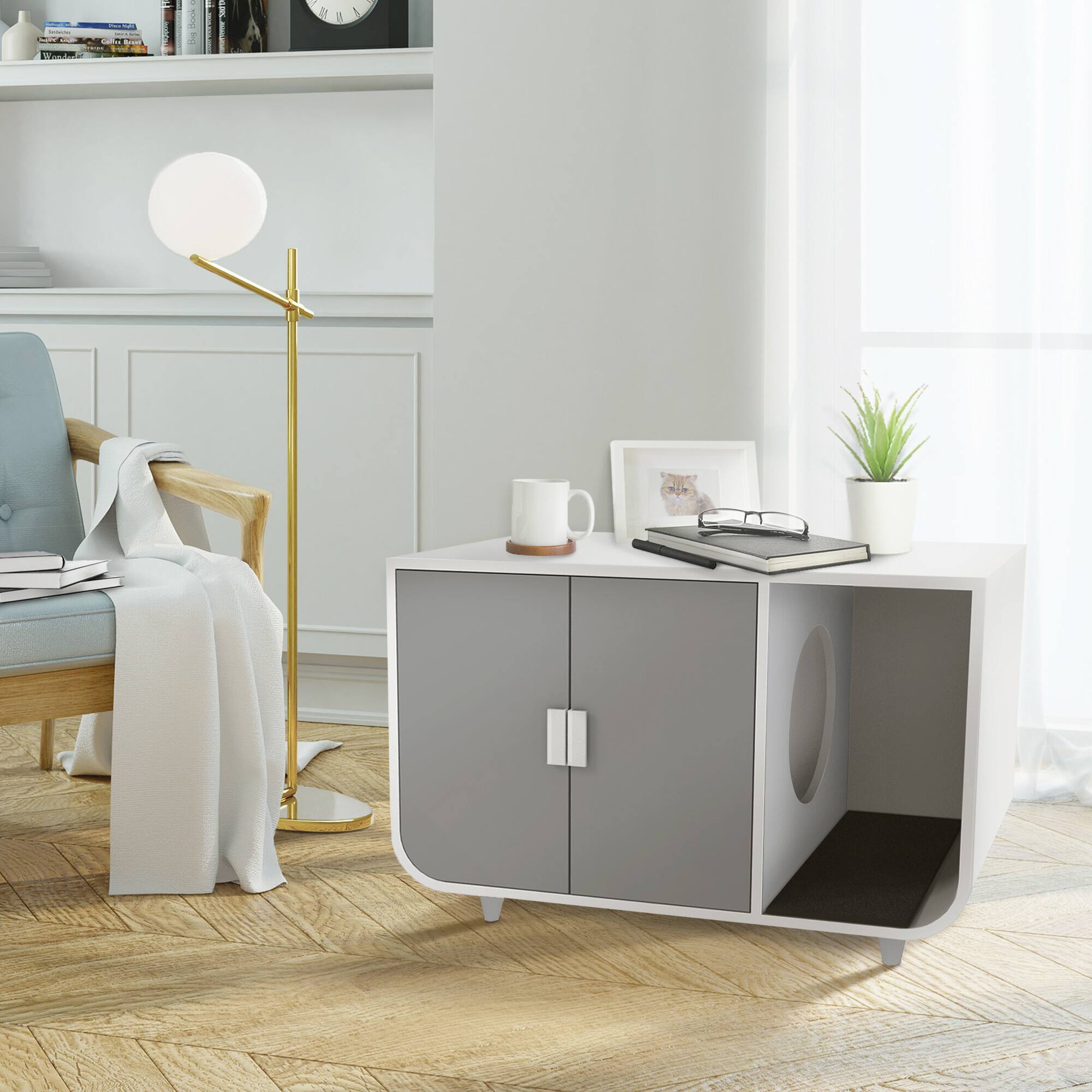 Front. Teamson - Teamson Pets 22.01 Dyad Large Enclosed Cat Litter Box /Side Table, Alpine White/Gray - Gray.