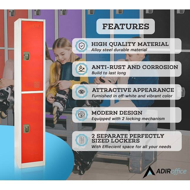 FEATURES

HIGH QUALITY MATERIAL
Alloy steel durable material

ANTI-RUST AND CORROSION
Build to last long

ATTRACTIVE APPEARANCE
Furnished in off-white and vibrant color

MODERN DESIGN
Equipped with 2 locking mechanism

2 SEPARATE PERFECTLY SIZED LOCKERS
With Efficient space for all your needs

ADIRoffice