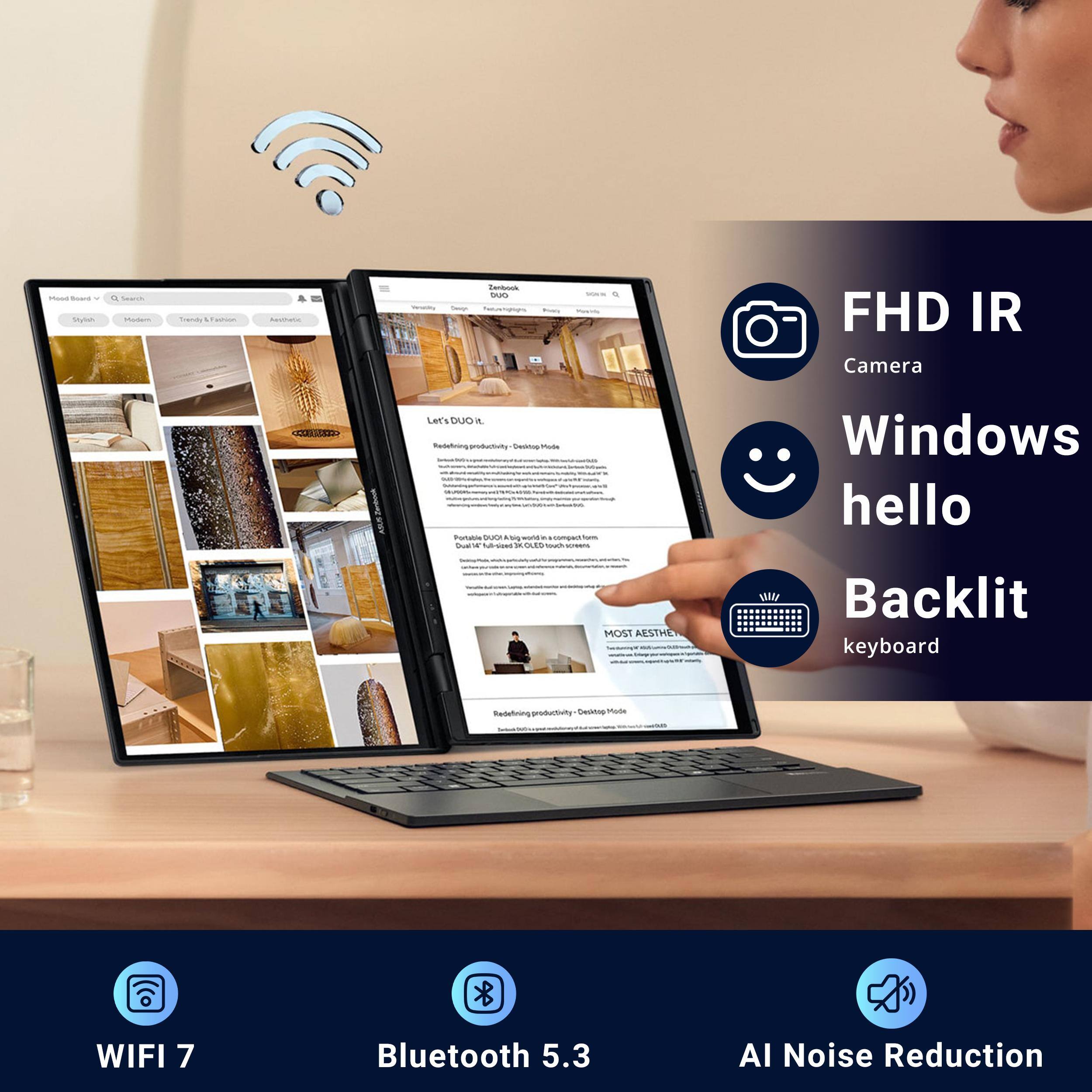 - Seeca Coety
- FHD IR Camera
- Windows hello
- Backlit keyboard
- WIFI 7
- Bluetooth 5.3
- AI Noise Reduction