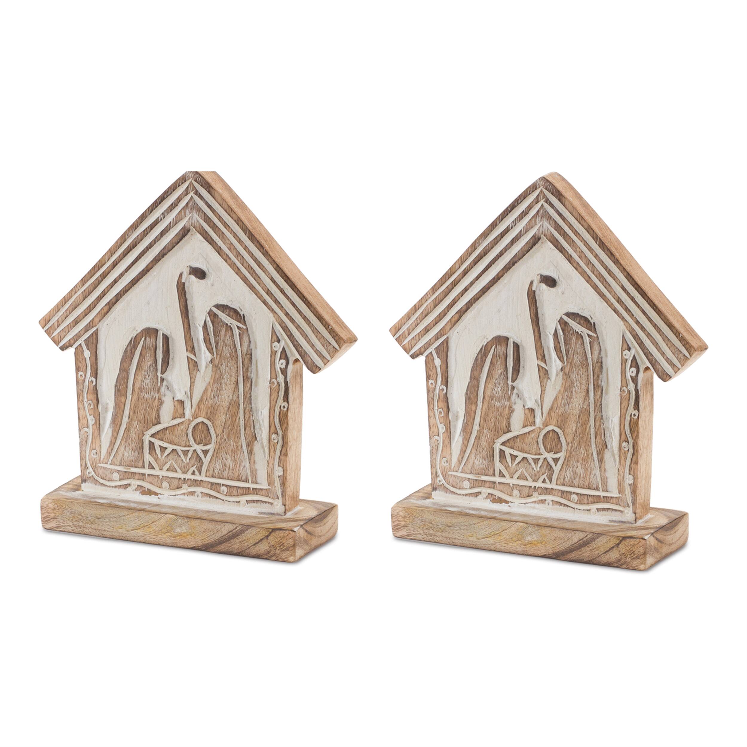 Back. BreeBe - Wood Carved Nativity Barn (Set of 2) - Brown.