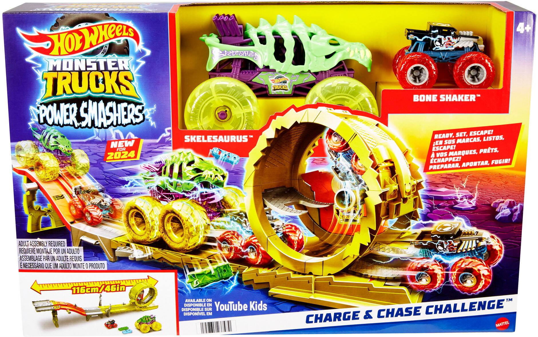 Sure, here is the corrected and grouped text from the image:

---

**Hot Wheels Monster Trucks Power SmasHERS**

**NEW FOR 2024**

**SKELESAURUS™**

**BONE SHAKER™**

**READY, SET, ESCAPE!**

- EN SUS MARCAS, LISTOS, ESCAPE!
- À VOS MARQUES, PRÊTS, ÉCHAPPEZ!
- PREPARAR, APONTAR, FUGIR!

**ADULT ASSEMBLY REQUIRED**

- REQUIERE MONTAJE POR UN ADULTO
- ASSEMBLAGE PAR UN ADULTE REQUIS
- É NECESSÁRIO QUE UM ADULTO MONTE O PRODUTO

**116cm/46in**

**AVAILABLE ON YouTube Kids**

- DISPONIBLE EN YouTube Kids
- DISPONIBLE SUR YouTube Kids
- DISPONÍVEL EM YouTube Kids

**CHARGE & CHASE CHALLENGE™**

**TM & © CHASE CHALLENGE**

**MATTEL**

---

This text is grouped and corrected for clarity and readability.