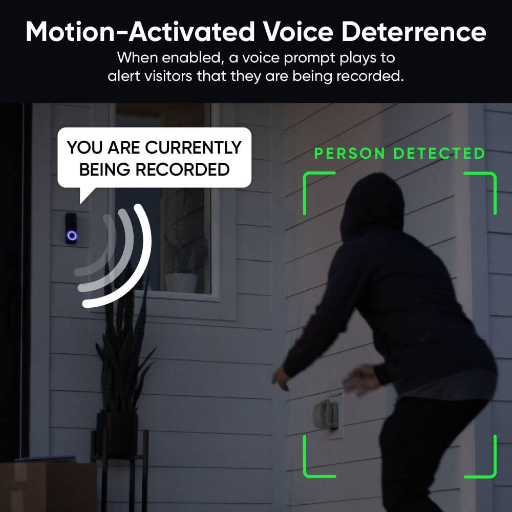 Motion-Activated Voice Deterrence: When enabled, a voice prompt plays to alert visitors that they are being recorded. You are currently being recorded. Person detected.