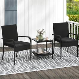 Costway - 3 PCS Patio Furniture Set with 2-Tier Table Tempered Glass Tabletop & Soft Cushions - Black