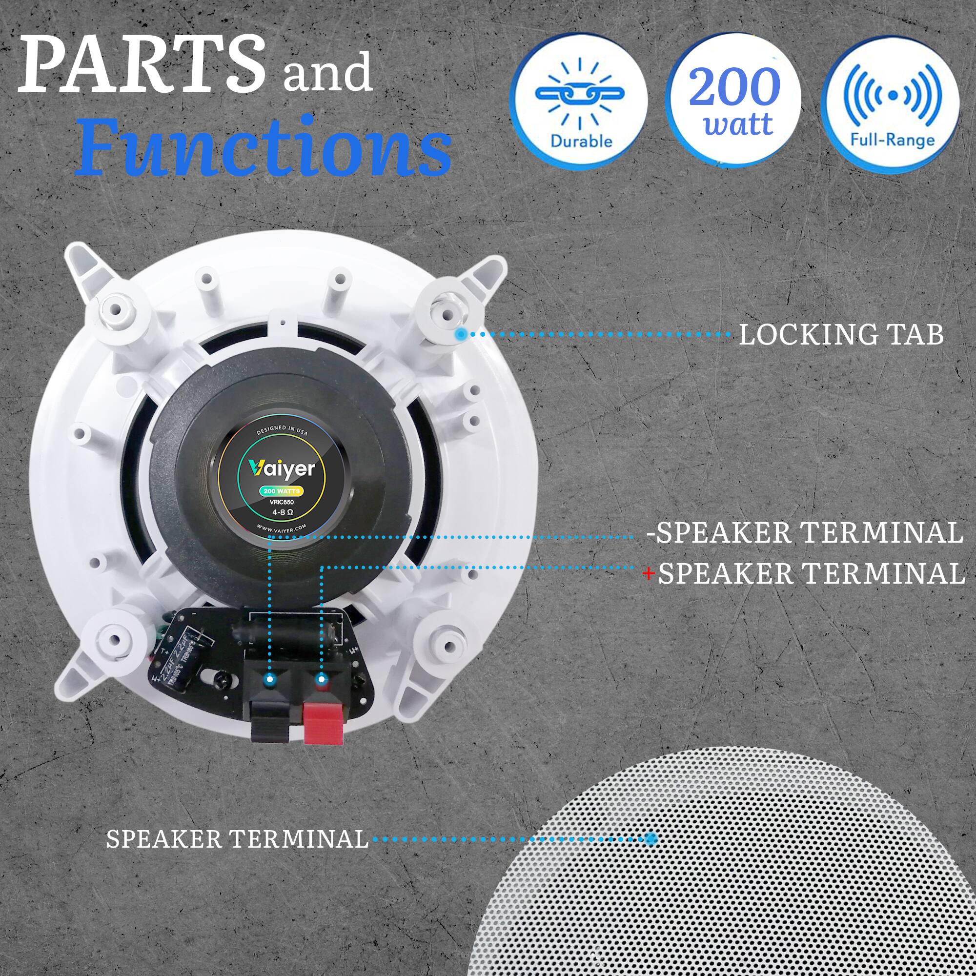 PARTS and Functions  
Durable  
200 watt  
Full-Range  
LOCKING TAB  
DESIGNED A 954  
Vaiyer 200 MINUTES VRICESO 4-B  
WWW.YANER.COM  
-SPEAKER TERMINAL  
+SPEAKER TERMINAL  
SPEAKER TERMINAL