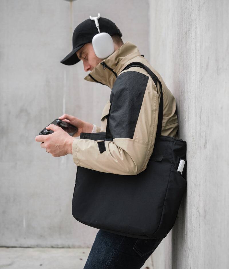 Alt View 8. ALPAKA - Metro Tote Laptop Tote Bag for Work, Work Tote Fits 16" MacBook Pro, Side Bottle Pocket, Weather-Resistant, Key Tether - Black Axoflux 210D.