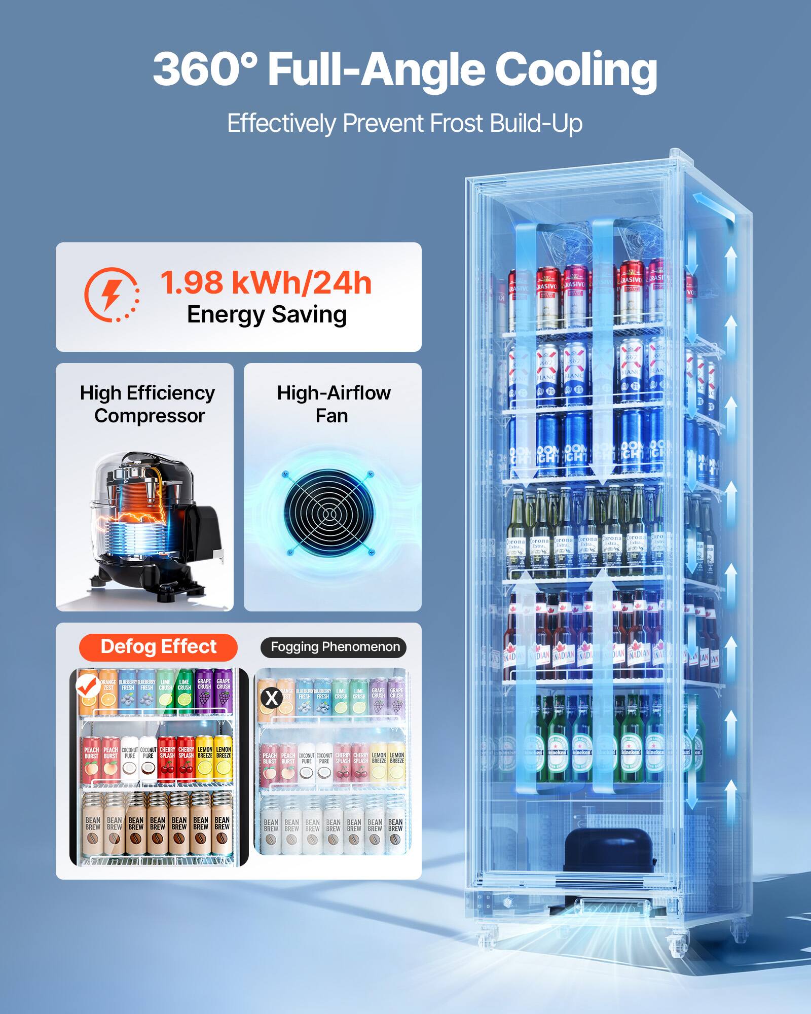 360° Full-Angle Cooling Effectively Prevent Frost Build-Up

1.98 kWh/24h Energy Saving

High Efficiency Compressor

High-Airflow Fan

Defog Effect

Fogging Phenomenon