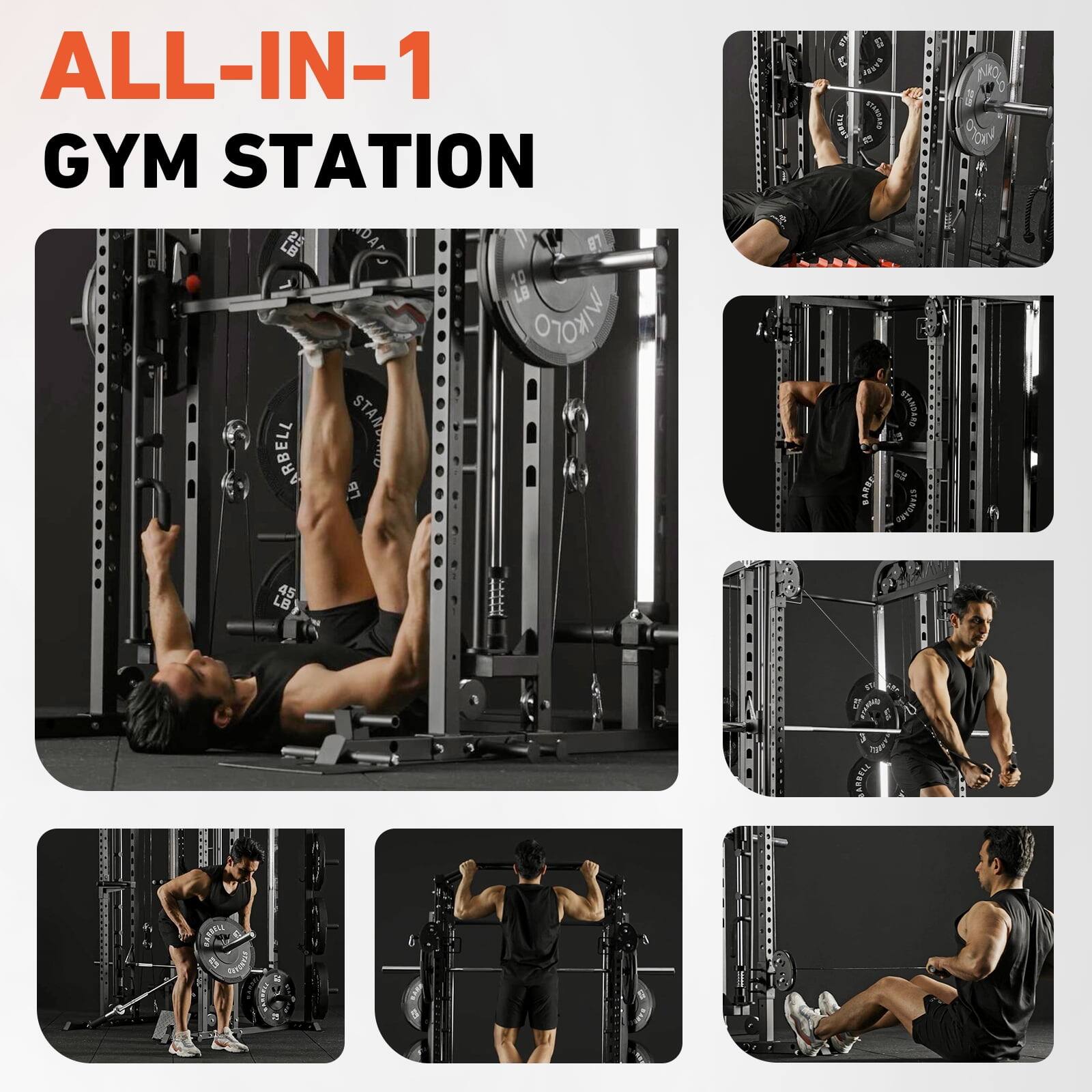 ALL-IN-1 GYM STATION  DA LB 1 18 OTMIN STAND ARBELL Lb   C  MLE CARRAOS MEANDARG BARDES Cu 1 %or 45 LB N  3 hae BARBELL LAMRELE MaRITY
