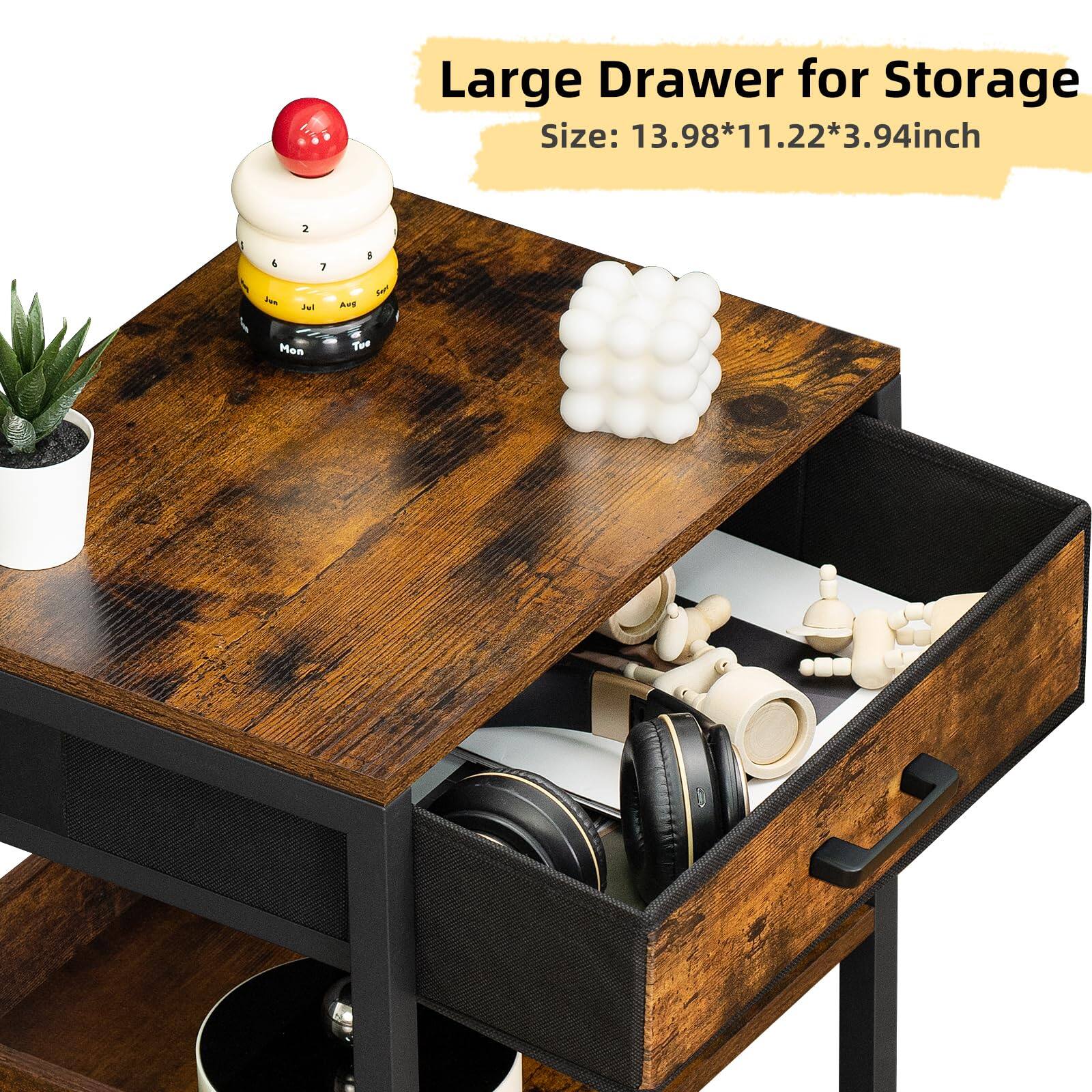 PO3TICJUNKI3 End Table With Fabric Drawer 3 Tier Industrial Wood Side ...