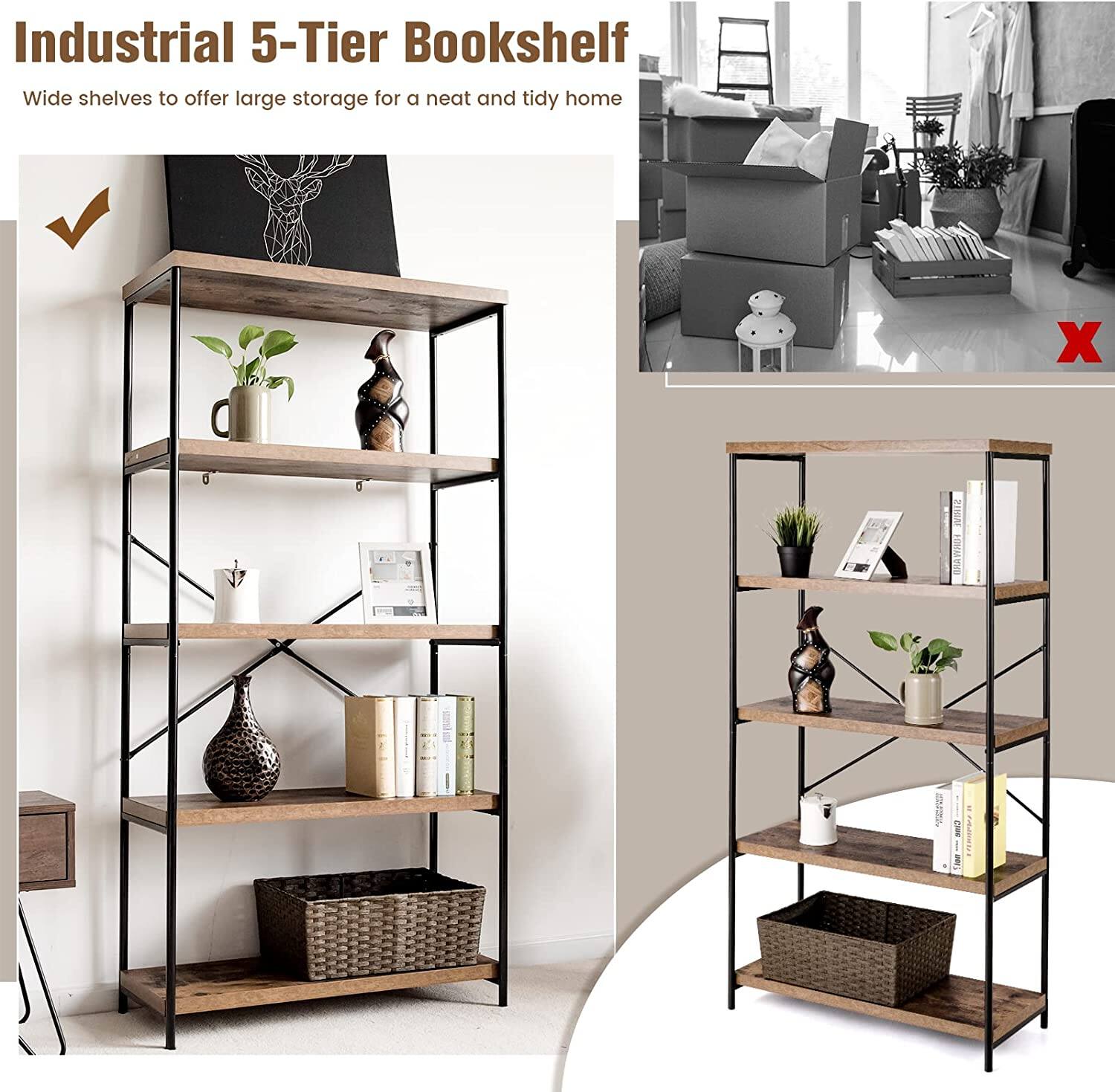 Industrial 5-Tier Bookshelf: Wide shelves to offer large storage for a neat and tidy home.