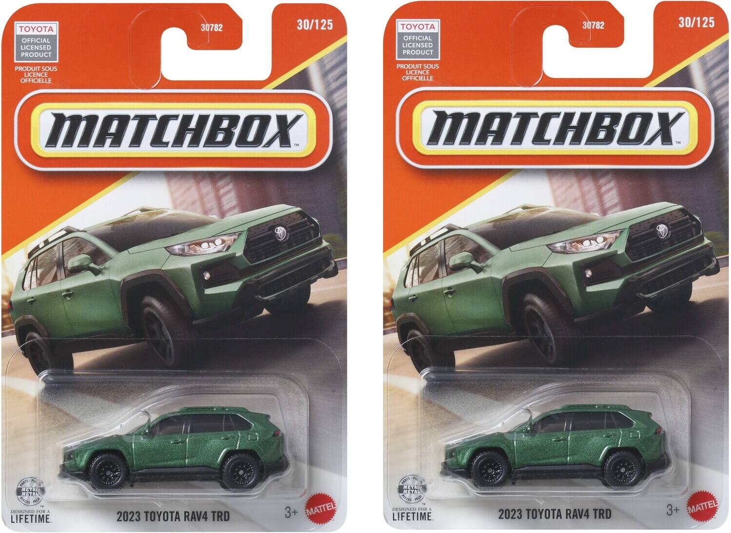 TOYOTA OFFICIAL LICENSED PRODUCT 30782 30/125  
PRODUIT SOUS LICENCE OFFICIELLE  
MATCHBOX  
2023 TOYOTA RAV4 TRD  
3+  
MATTEL  
DESIGNED FOR A LIFETIME