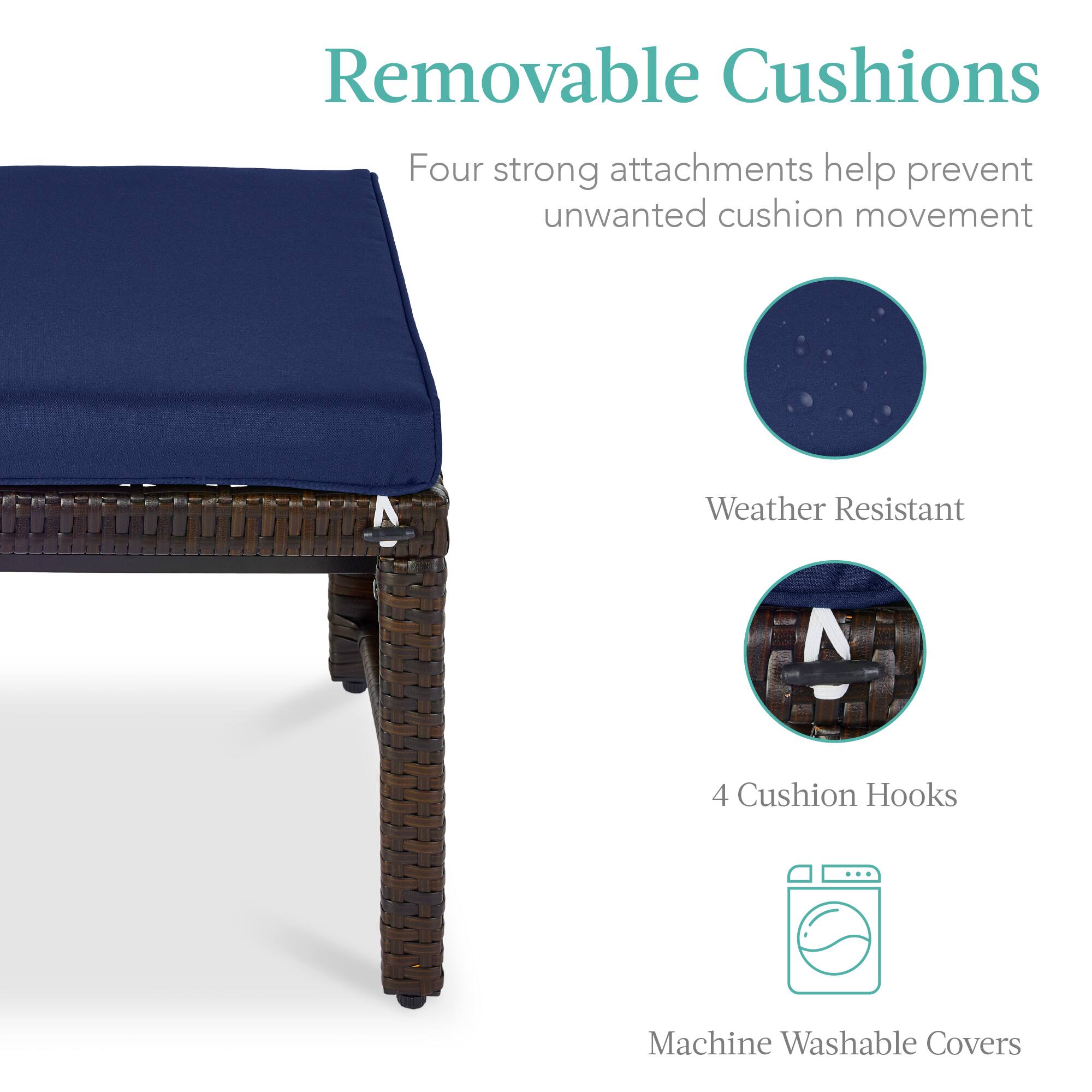 Removable Cushions

Four strong attachments help prevent unwanted cushion movement

Weather Resistant

4 Cushion Hooks

Machine Washable Covers