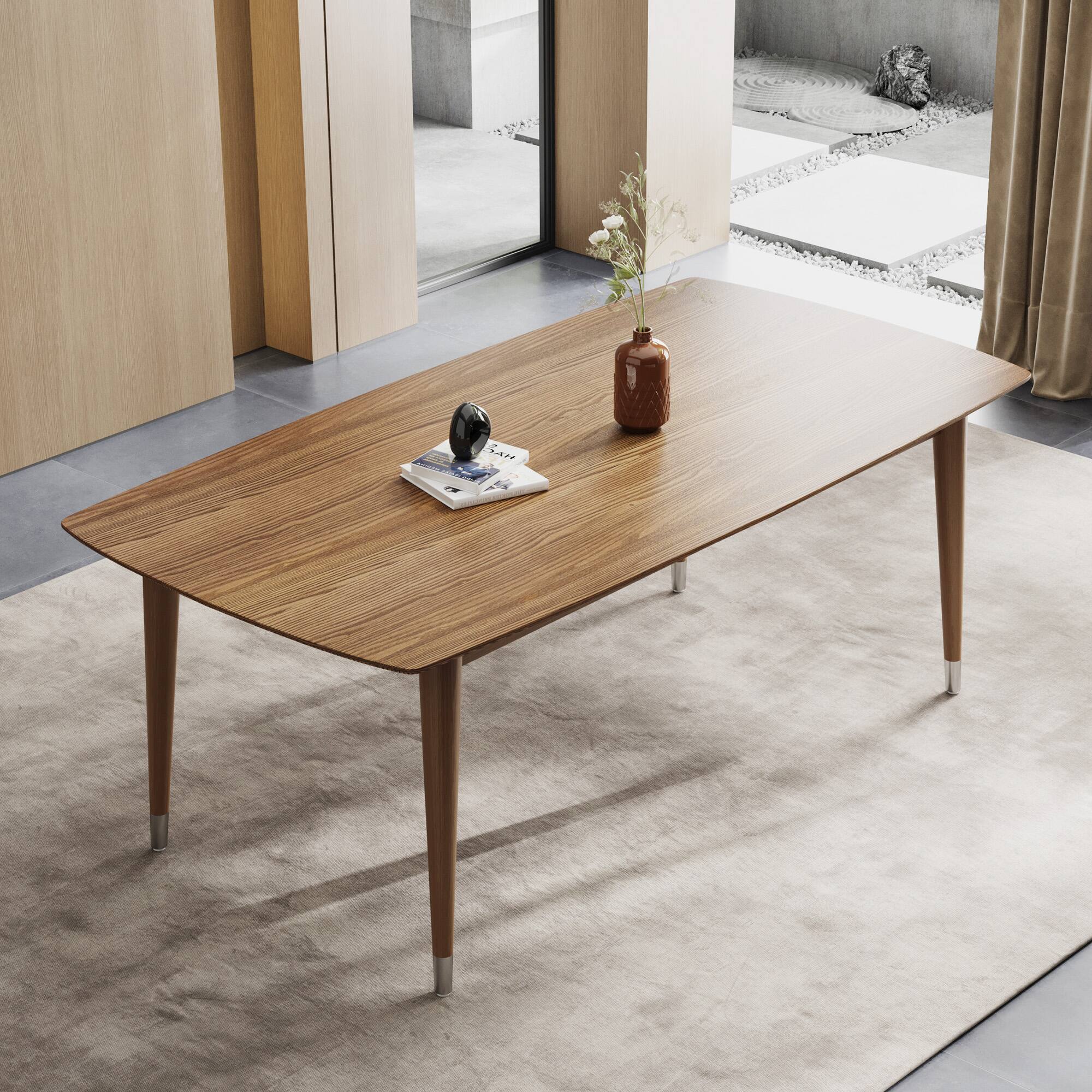 Left. luck idea - 62.9" Dining Table & Desk with Wood Grain Top and Solid Wood Legs - Walnut Color.