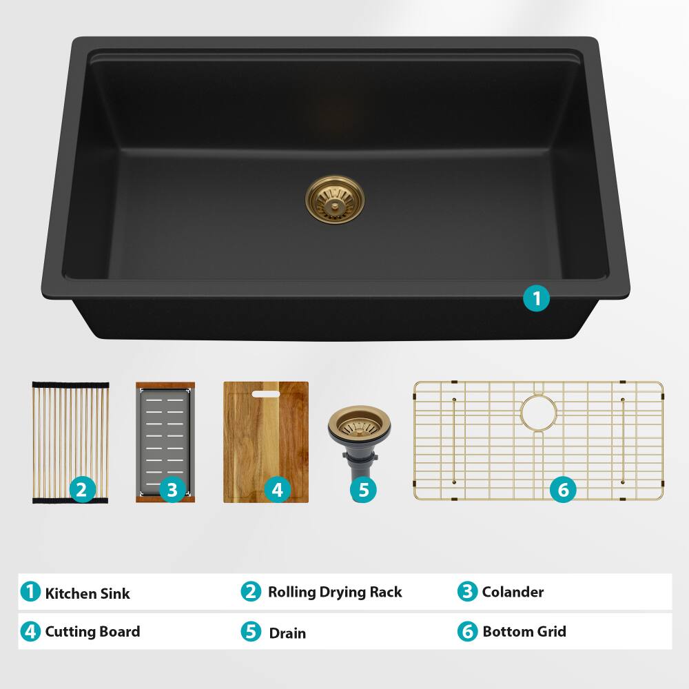 1. Kitchen Sink  
2. Rolling Drying Rack  
3. Colander  
4. Cutting Board  
5. Drain  
6. Bottom Grid